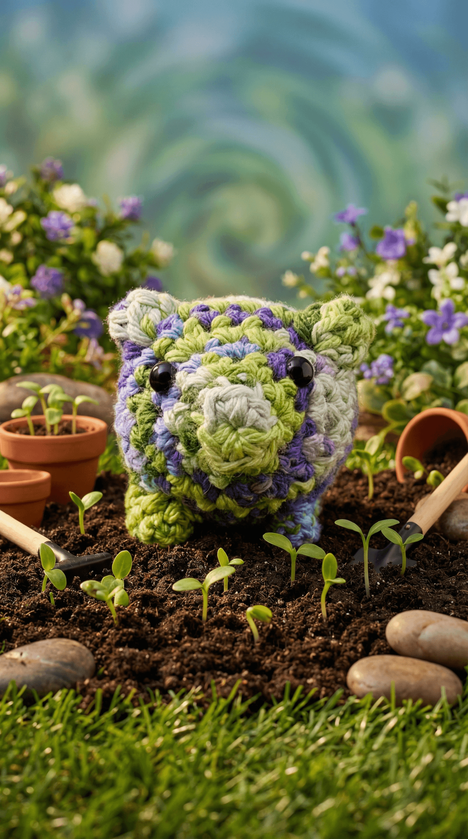 Crocheted pig sachet in purple, green, and cream granny squares sits in garden soil surrounded by seedlings, terracotta pots, and purple flowers with blurred hills behind.