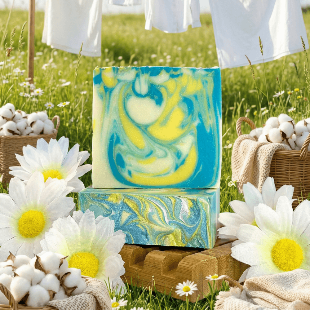 Two stacked handcrafted soap bars with swirled blue, yellow, and cream marbling displayed outdoors on wood with white daisies, cotton bolls in wicker baskets, and white linens hanging in background.