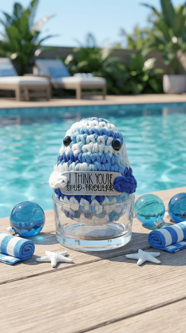 Hand-crocheted blue and white striped character sitting in clear glass by pool. Surrounded by miniature blue striped towels, starfish, and blue glass spheres on wooden deck.