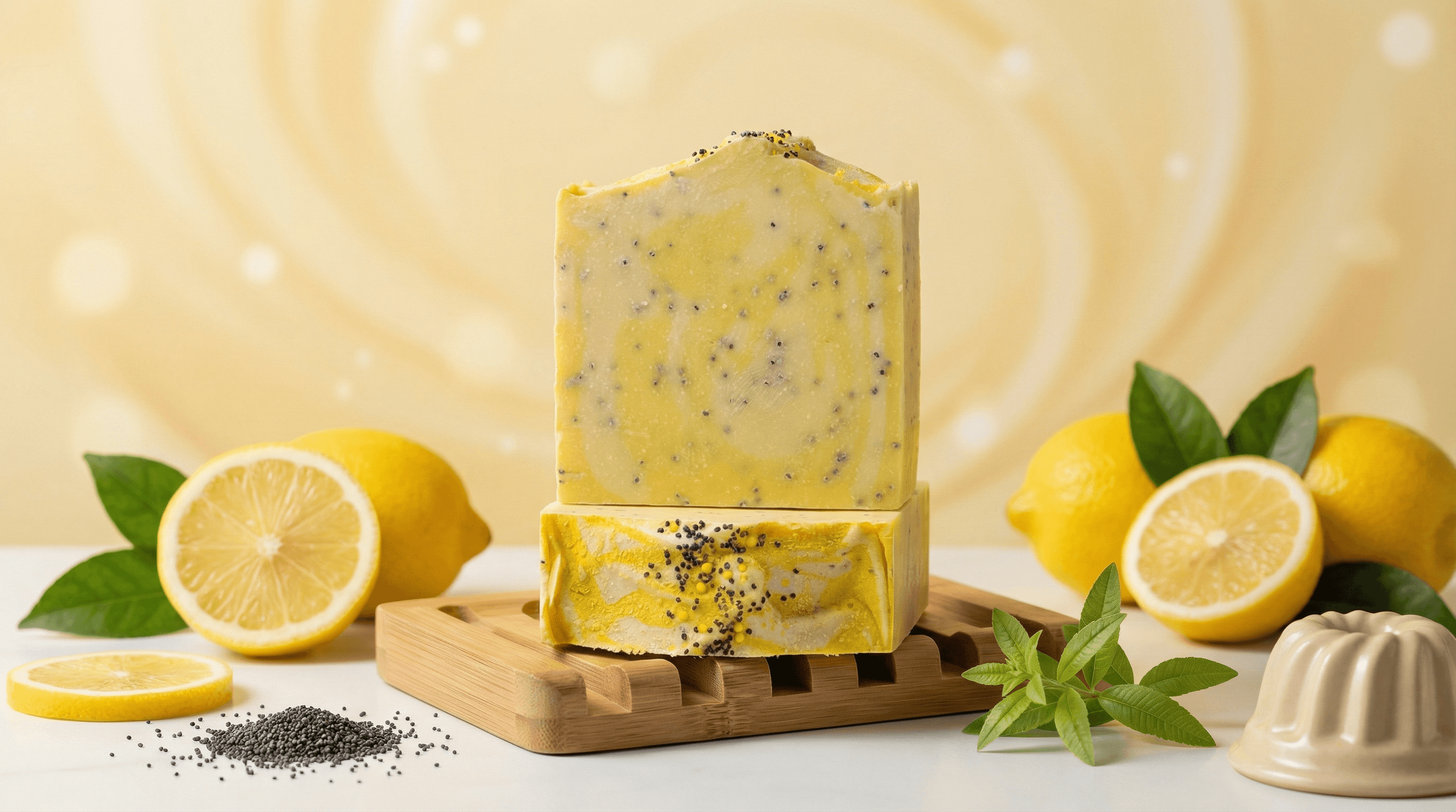 Yellow handmade soap bar with black poppy seeds swirled throughout, displayed on wooden soap dish surrounded by fresh lemons, lemon leaves, and loose poppy seeds.