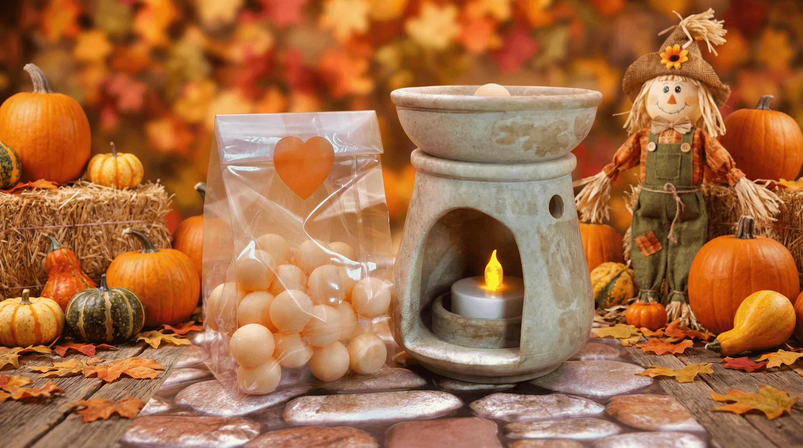 Cream-colored wax melt balls in clear packaging with orange heart label, displayed next to a ceramic oil warmer with lit tea light, surrounded by autumn pumpkins, hay bales, and scarecrow decoration.