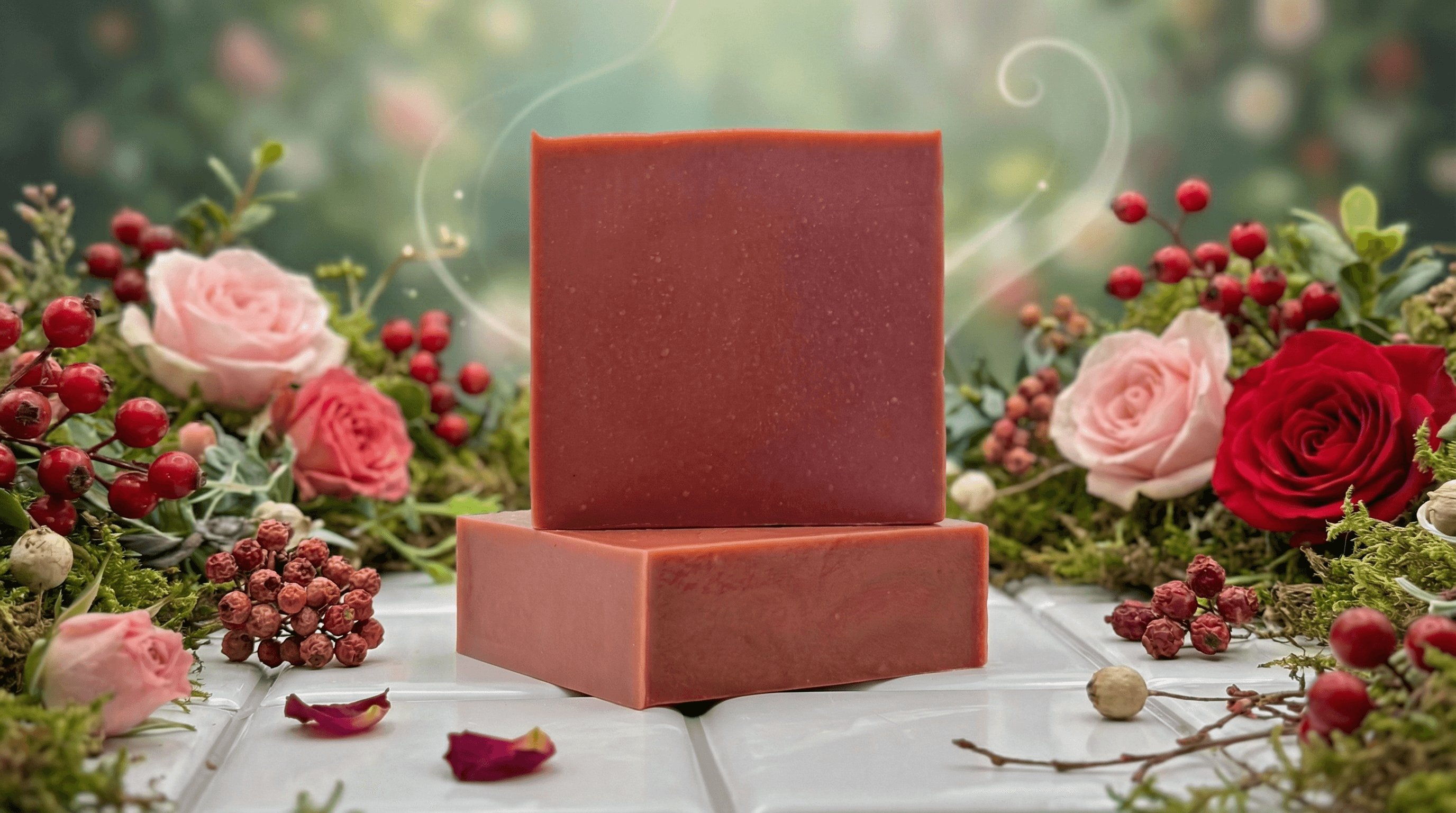 Two stacked rectangular bars in deep burgundy-red and rose-pink tones, displayed on white surface surrounded by fresh pink and red roses, red berries, and botanical greenery.