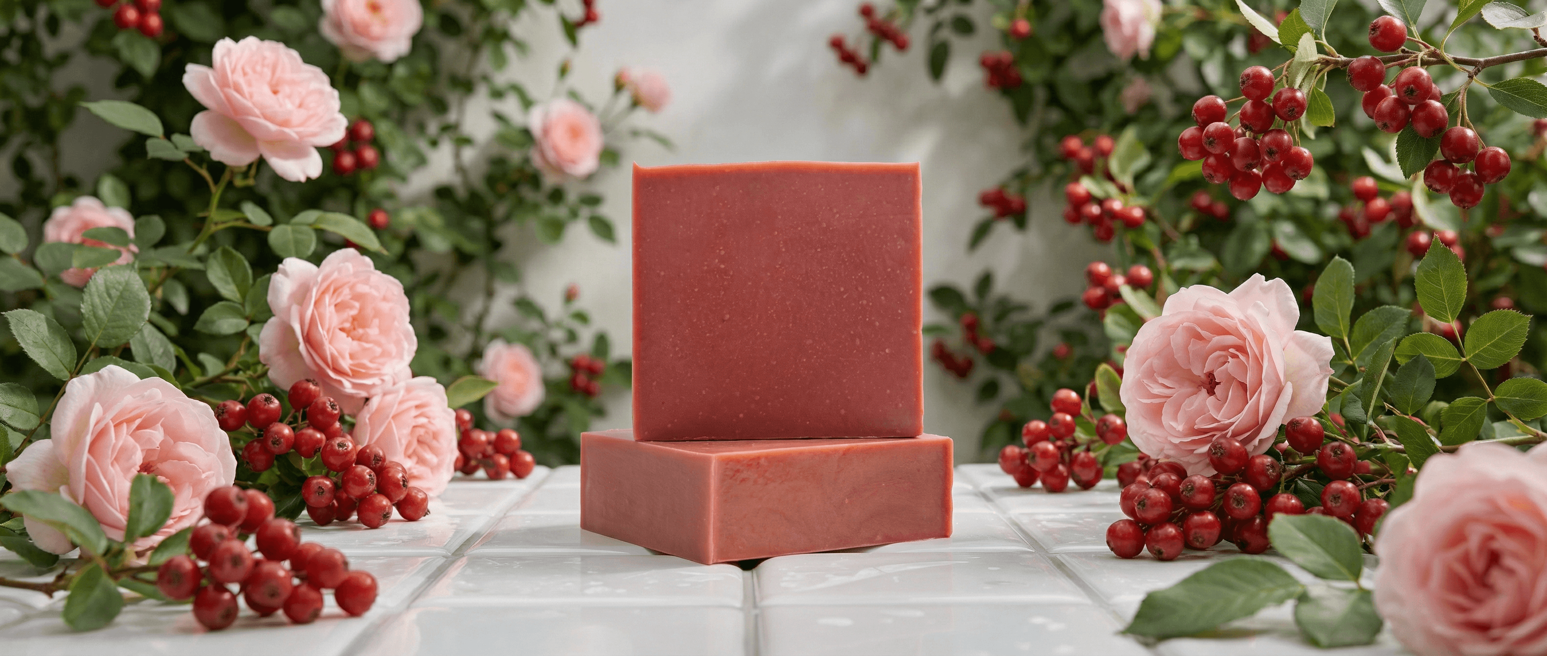 Two reddish-pink soap bars with fine pumice texture, stacked on white tile, surrounded by fresh pink roses and clusters of red berries on branches.
