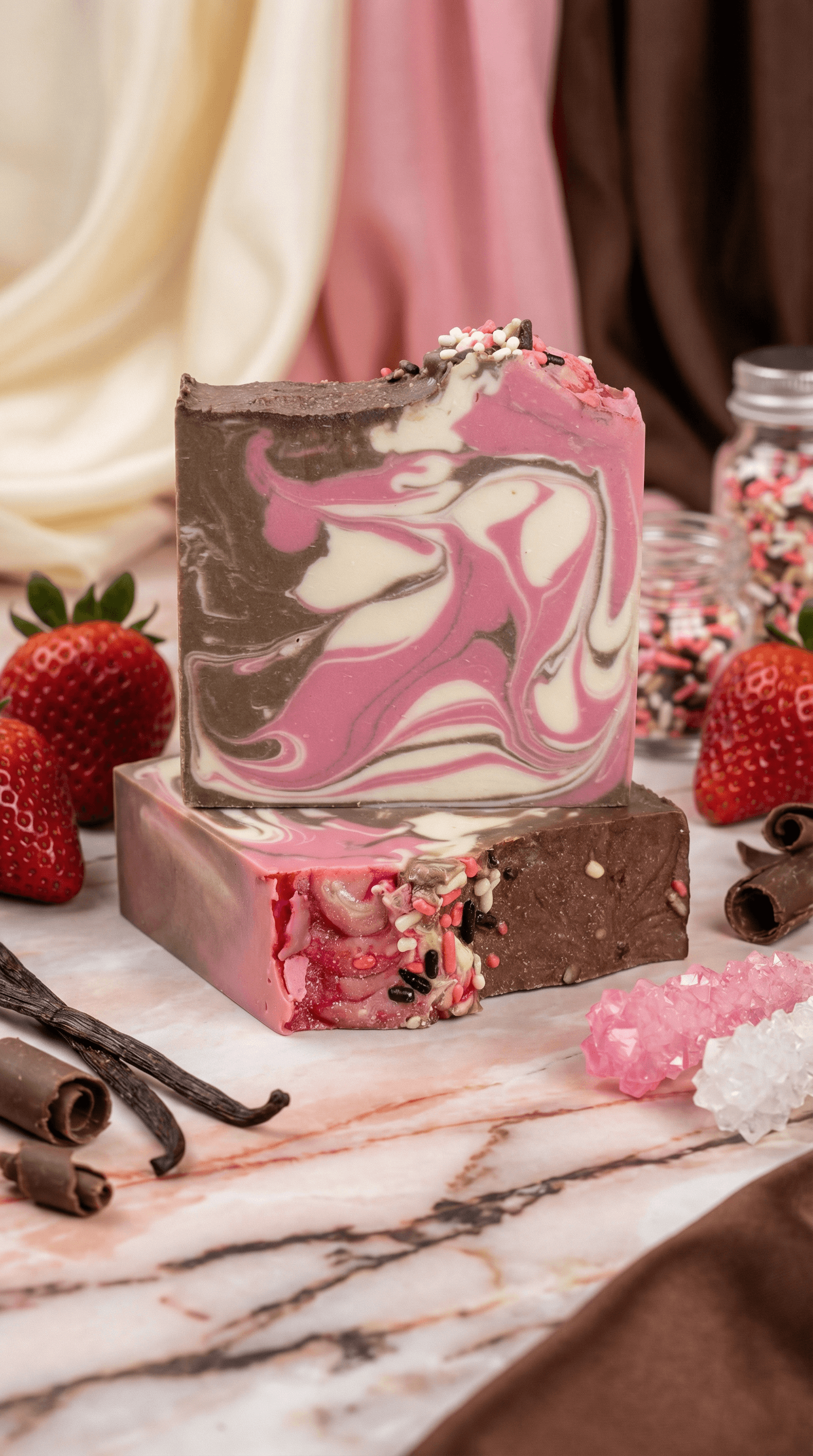 Two stacked handmade soap bars with marbled pink, white, and chocolate brown swirls, topped with colorful candy-like sprinkles. Fresh strawberries, vanilla beans, and cinnamon sticks arranged around the bars on marble surface.