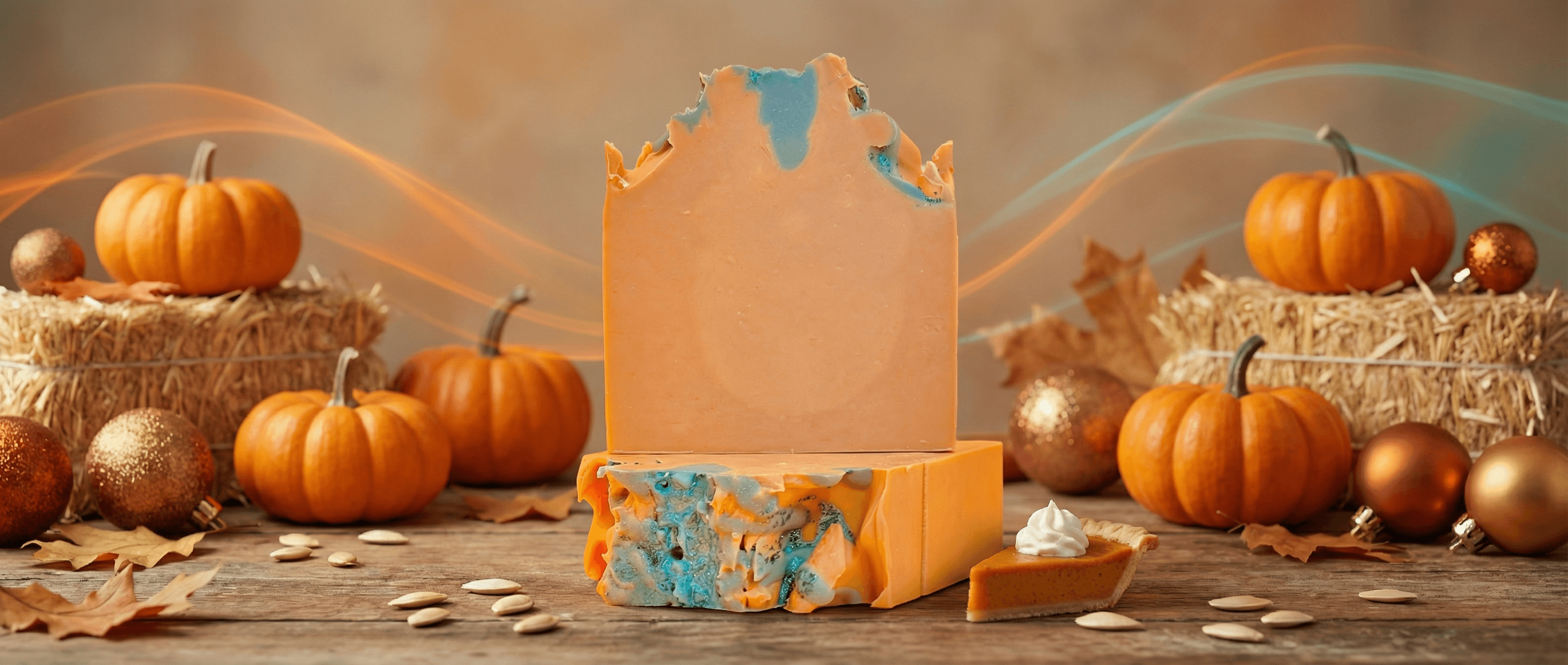 Orange soap bar with blue-green swirls and textured top edge, displayed on matching orange platform. Autumn-themed lifestyle setting with pumpkins, hay bales, and fall leaves.