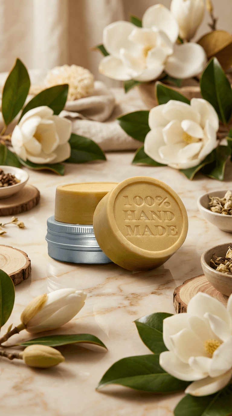 Round yellow-gold solid lotion bar embossed with '100% HAND MADE' in silver tin, surrounded by white magnolia flowers and green leaves on marble surface.