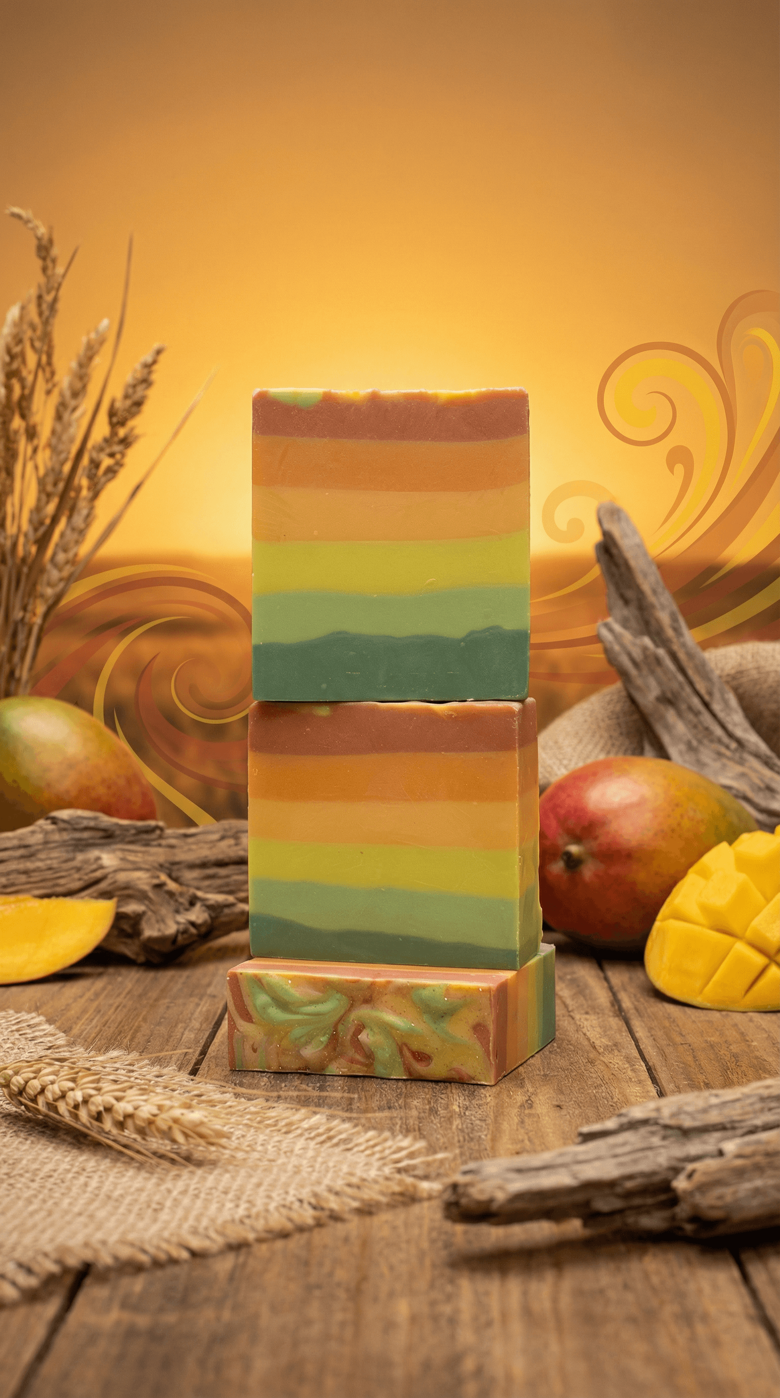 Three stacked handcrafted soap bars with layered ombre colors transitioning from rust-brown top through golden yellow to seafoam green, displayed with fresh mango, wheat stalks, and driftwood on rustic wooden surface.