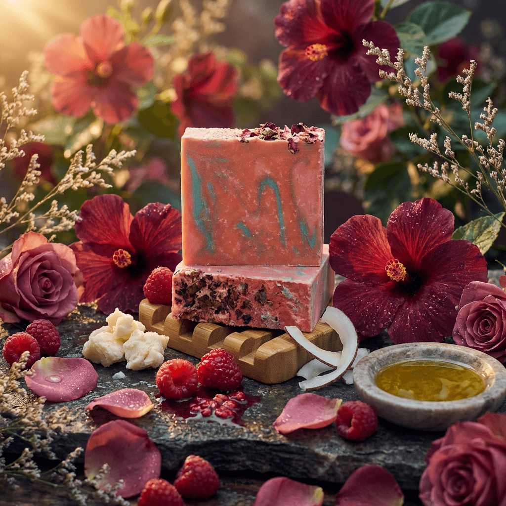 Two pink-coral soap bars with turquoise swirl pattern and dried rose petals on top, stacked on wooden soap dish. Surrounded by deep red hibiscus flowers, roses, fresh raspberries, and small bowl of golden oil.