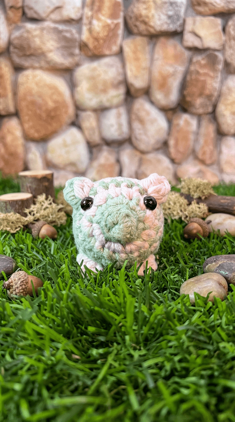 Hand-crocheted pig sachet in pastel pink and mint green variegated yarn with black bead eyes, positioned on artificial grass with acorns and stone wall backdrop