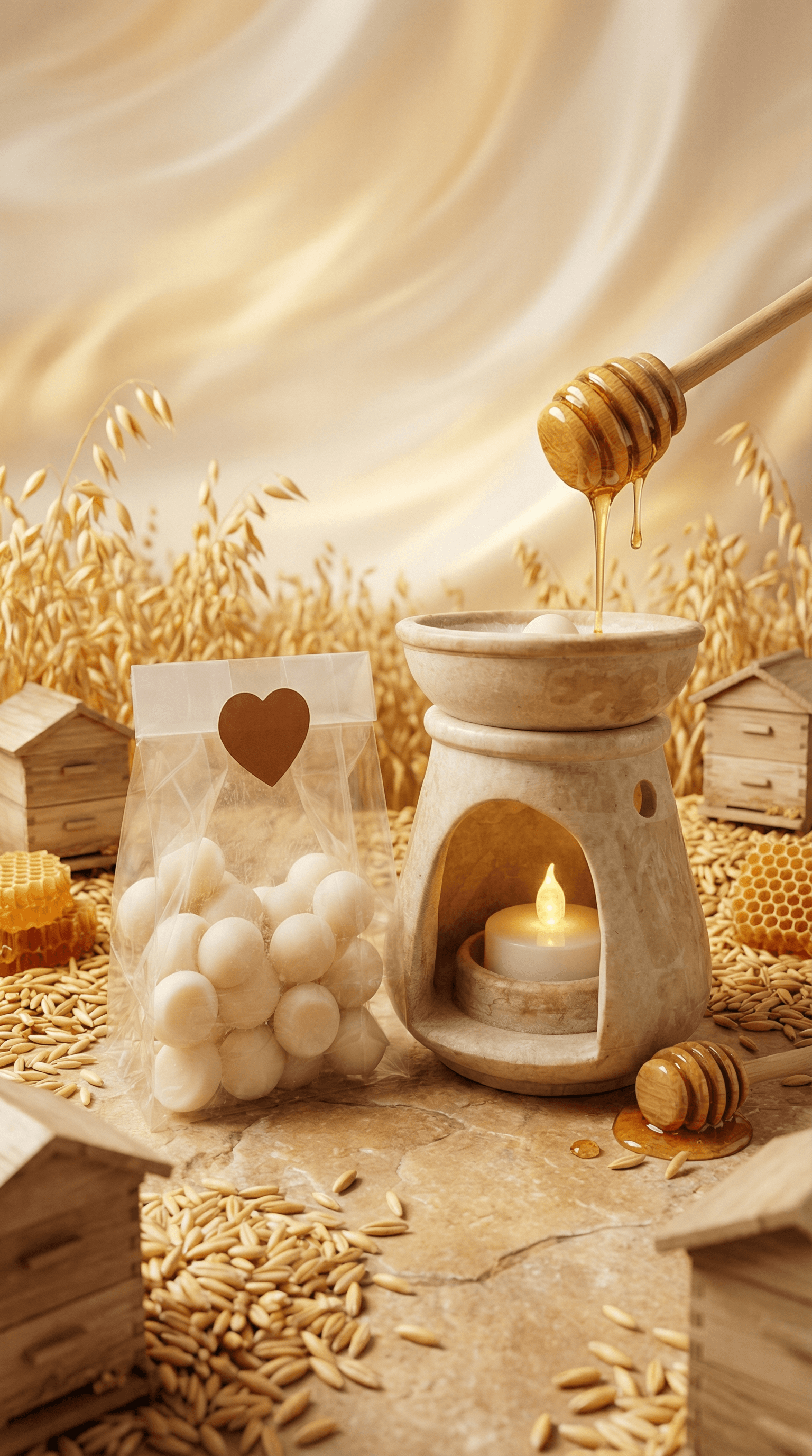 Honey dripping from wooden dipper onto ceramic oil warmer with lit candle, beside clear bag of cream-colored spherical wax melts with heart label, surrounded by oats and honeycomb.