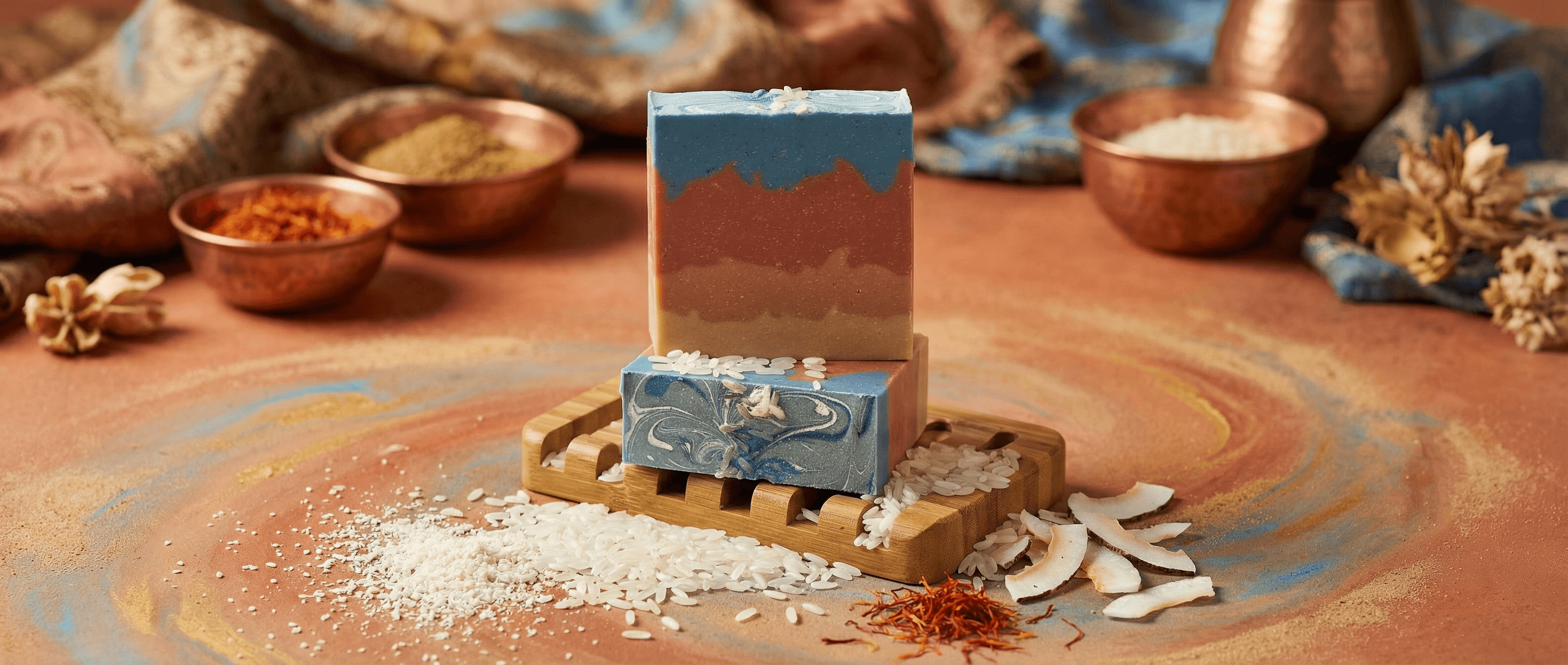 Layered handcrafted soap bars in blue, rust, and tan stacked on a wooden soap dish, surrounded by rice grains, coconut shavings, saffron threads, and dried botanicals on a textured surface.