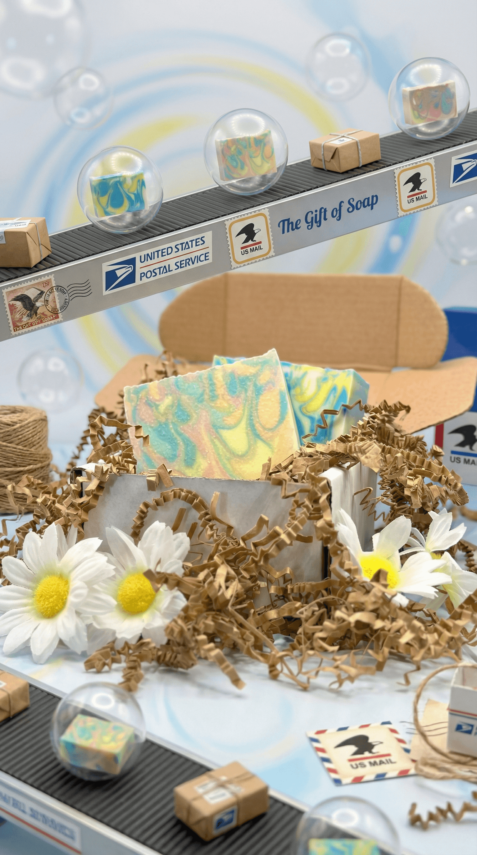 Colorful swirled soap bars in blue, yellow, and coral tones displayed on a USPS-themed conveyor belt with cardboard boxes, white daisies, and kraft paper shred in a gift basket arrangement.
