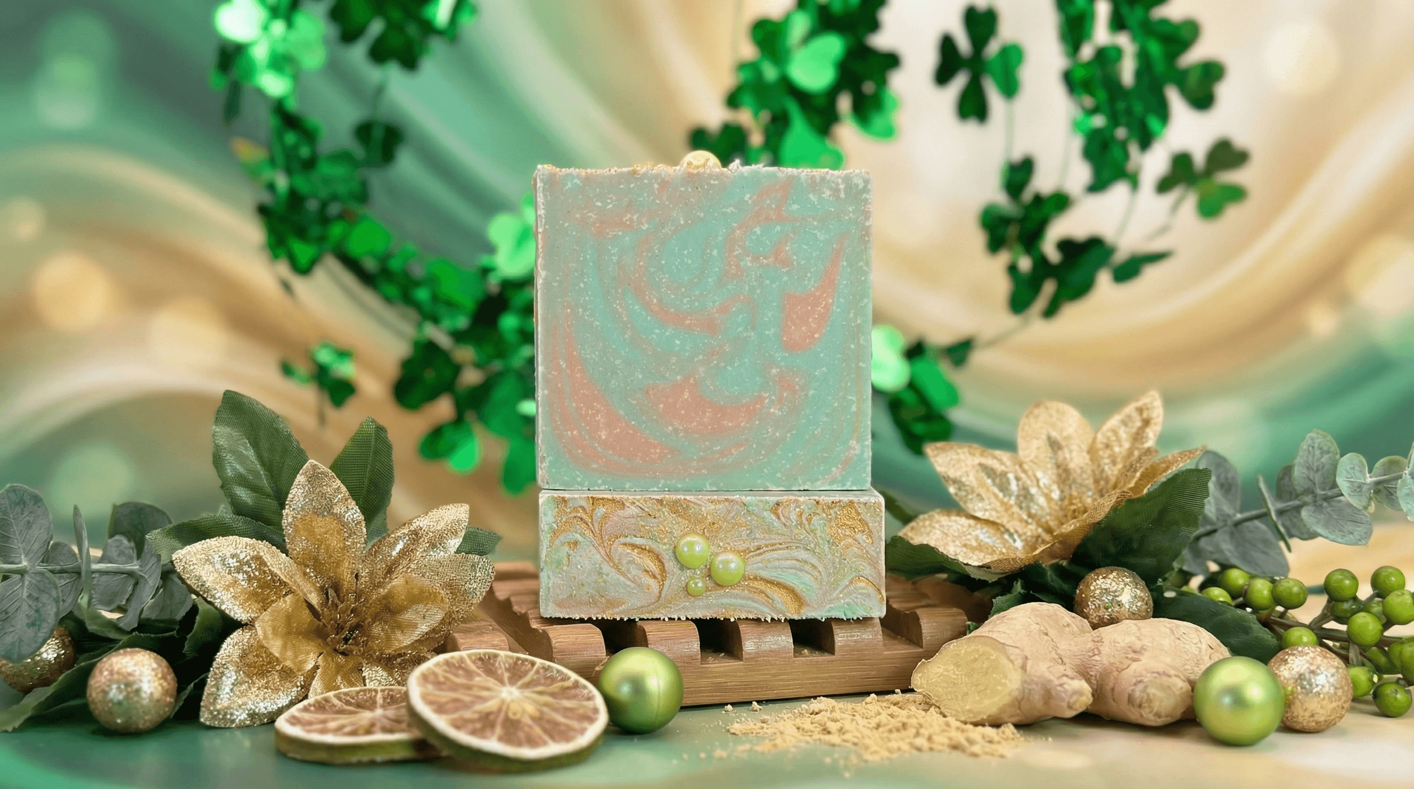 Two stacked bars of marbled turquoise and coral soap with sparkly texture, displayed on a wooden soap dish surrounded by golden flowers, ginger root, dried lime slices, and green shamrock decorations.