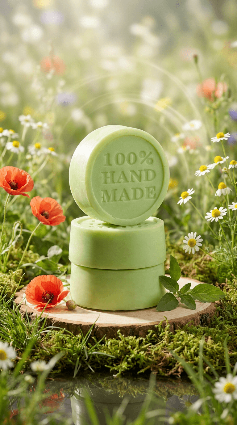 Three stacked pale green round solid lotion bars with embossed text, displayed on a wood slice surrounded by wildflowers including orange poppies and white daisies in a meadow setting.