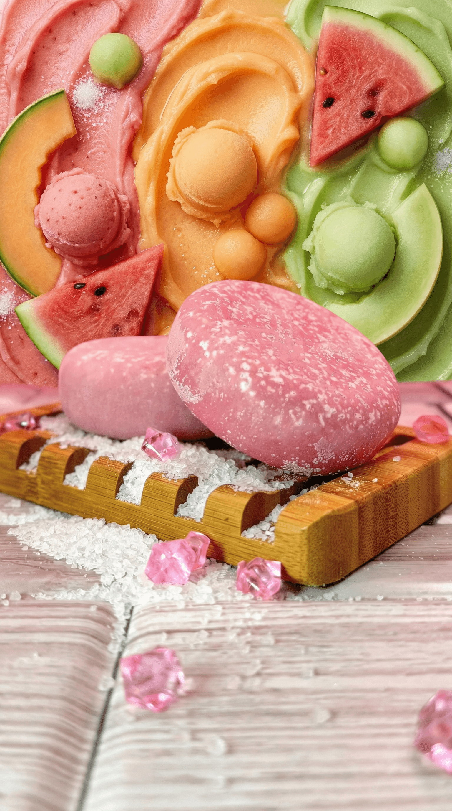 Pink oval-shaped sea salt scrub bar dusted with coarse salt crystals, displayed on bamboo soap dish with melon slices and colorful sorbet scoops in background.