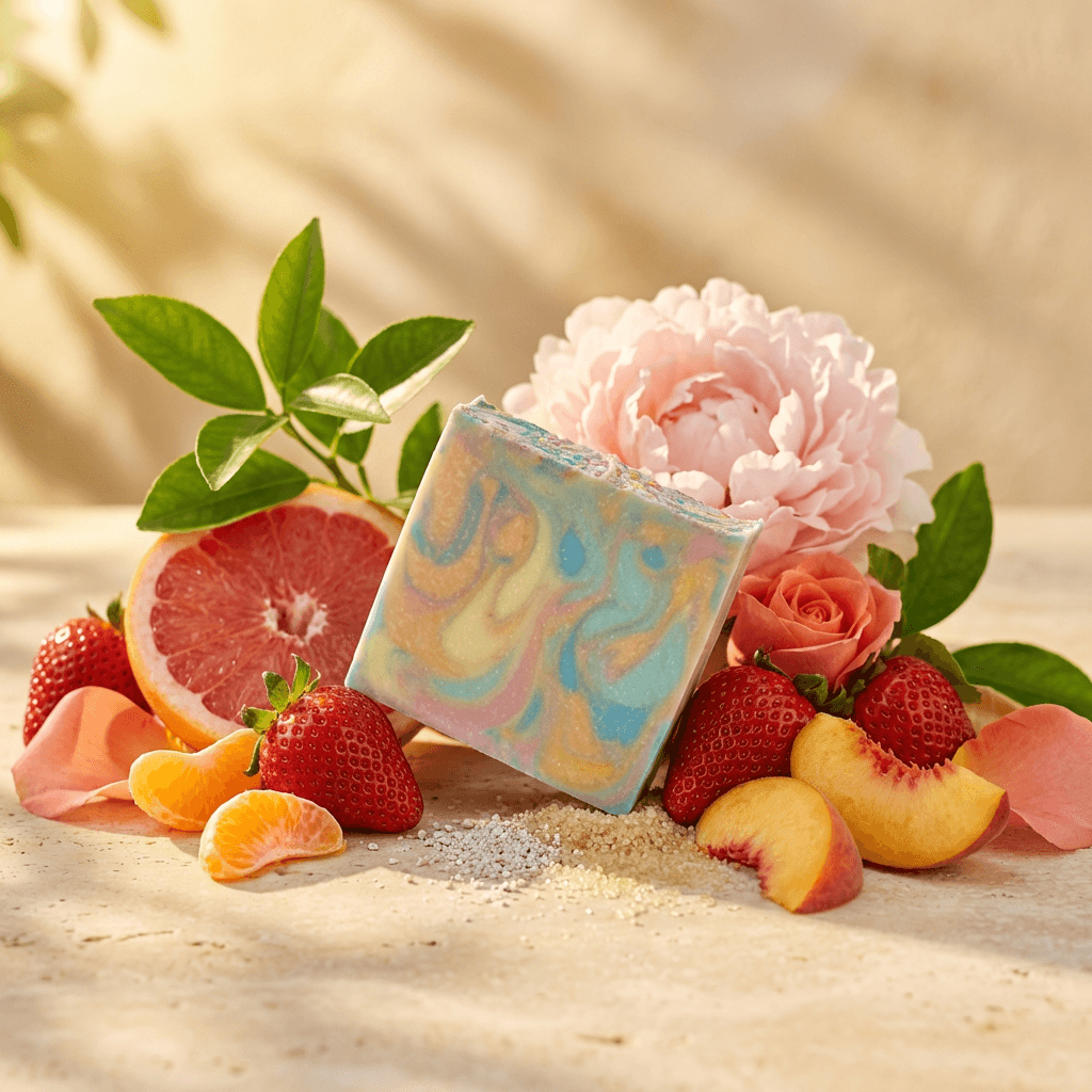Pastel multicolored swirled soap bar with blue, peach, and cream marbling, displayed on sand among fresh strawberries, grapefruit, peach slices, pink roses, and green leaves.