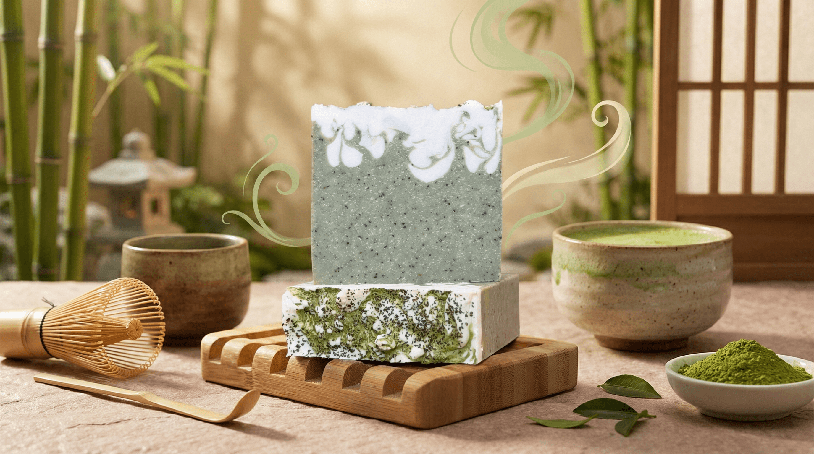 Two handcrafted soap bars with speckled grey-green body and white decorative swirl topping, displayed on wooden soap dish beside bamboo whisk and matcha powder in ceramic bowls.