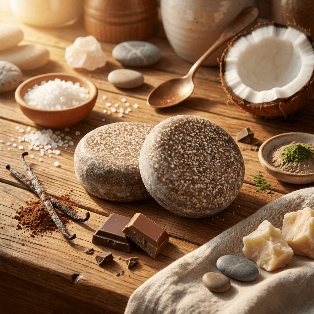 Two round soap bars with speckled brown and tan surfaces resembling chocolate chip cookies, displayed on wood with vanilla beans, chocolate pieces, coconut, sea salt, and natural ingredients.