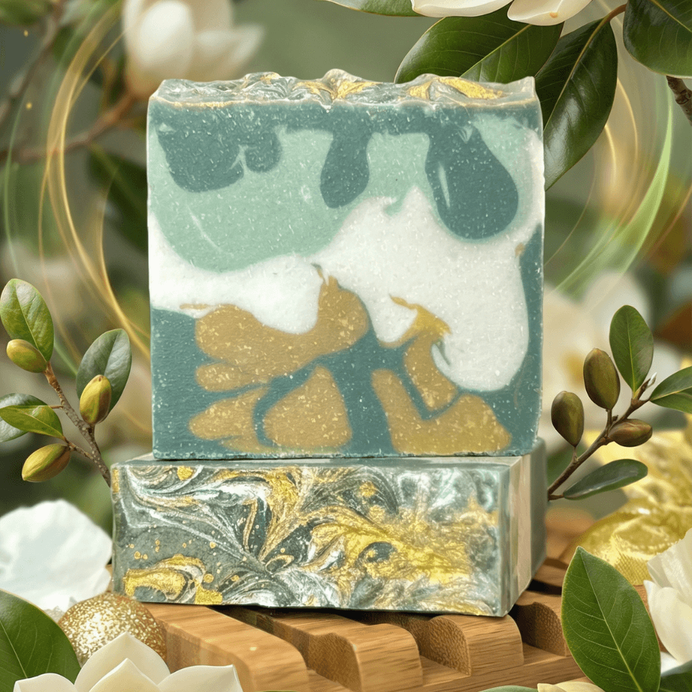 Two stacked handcrafted soap bars with swirled teal, white, and gold mica design displayed on bamboo holder surrounded by magnolia leaves and white flowers in natural light.