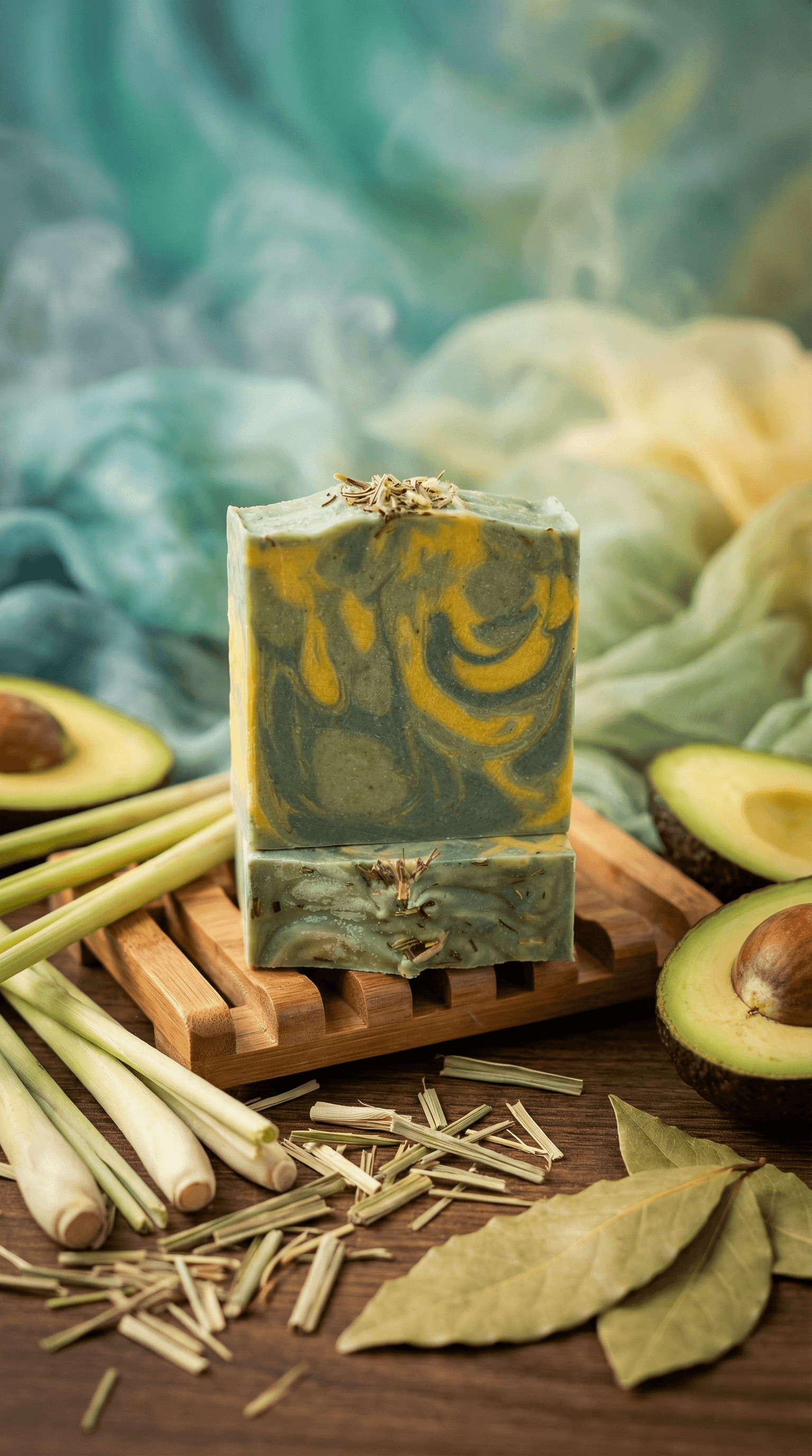 Two swirled sage green and golden yellow soap bars stacked on a wooden soap dish, topped with dried herbs, surrounded by fresh lemongrass stalks, avocado halves, and bay leaves.