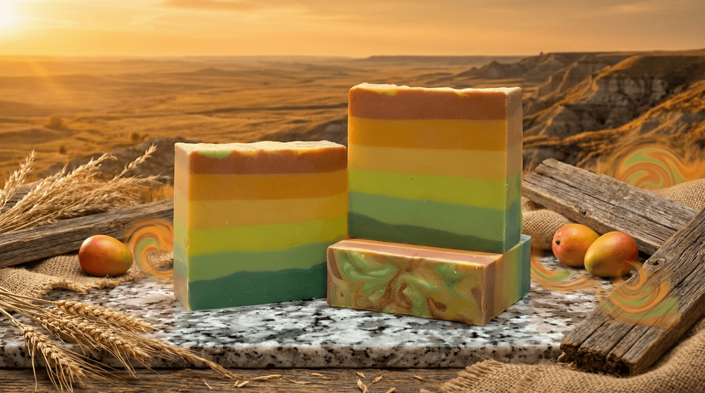 Three handcrafted soap bars with layered gradient colors transitioning from teal-green through yellow-orange to coral-pink, displayed on granite with wheat stalks, driftwood, and mangoes.