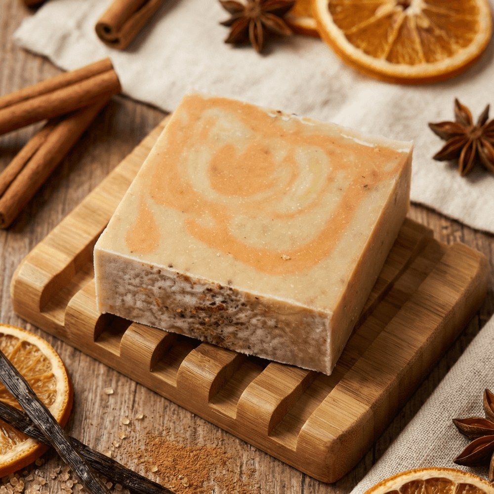 Handmade rectangular soap bar with peachy-orange and cream swirl pattern on top, resting on a wooden soap dish. Surrounded by cinnamon sticks, star anise, dried orange slices, and vanilla beans.