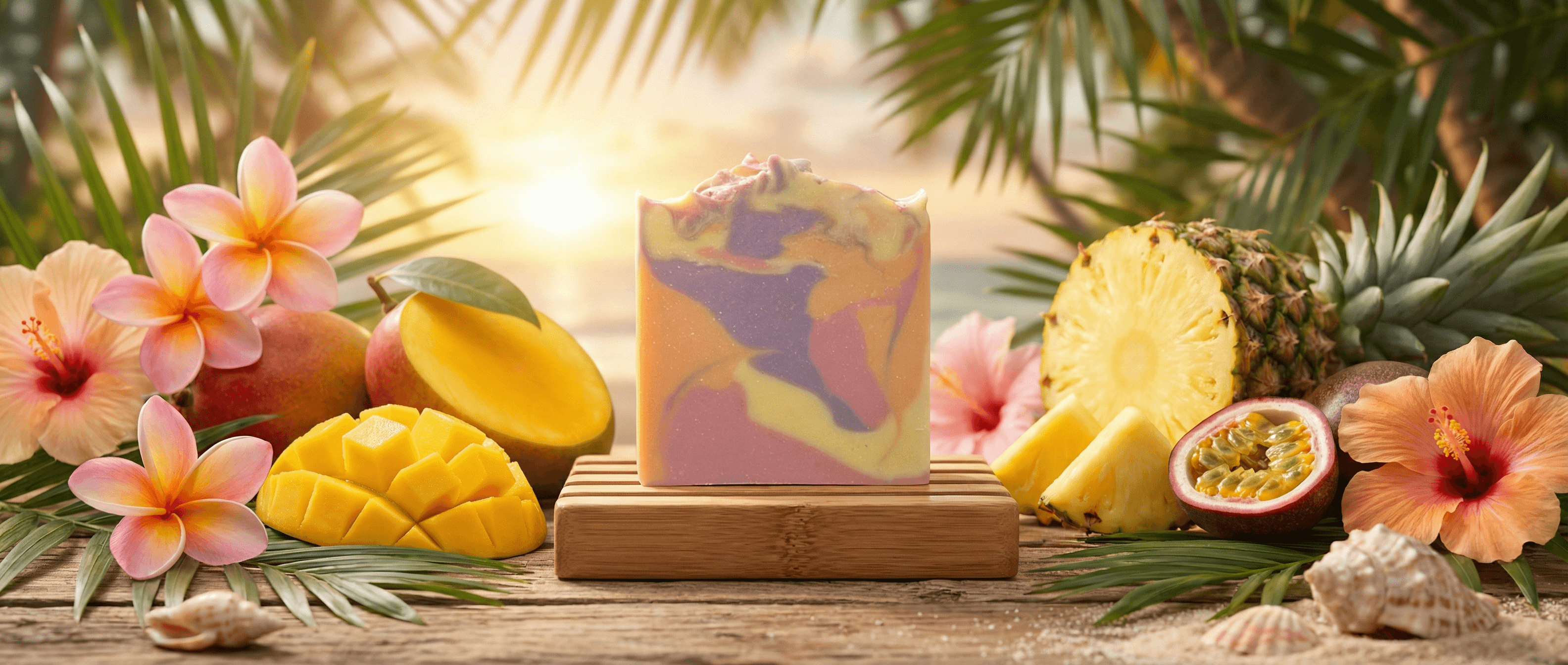 Handcrafted soap bar with swirled purple and golden yellow marbling, displayed on bamboo stand surrounded by tropical mango, pineapple, passion fruit, hibiscus flowers, and palm fronds.