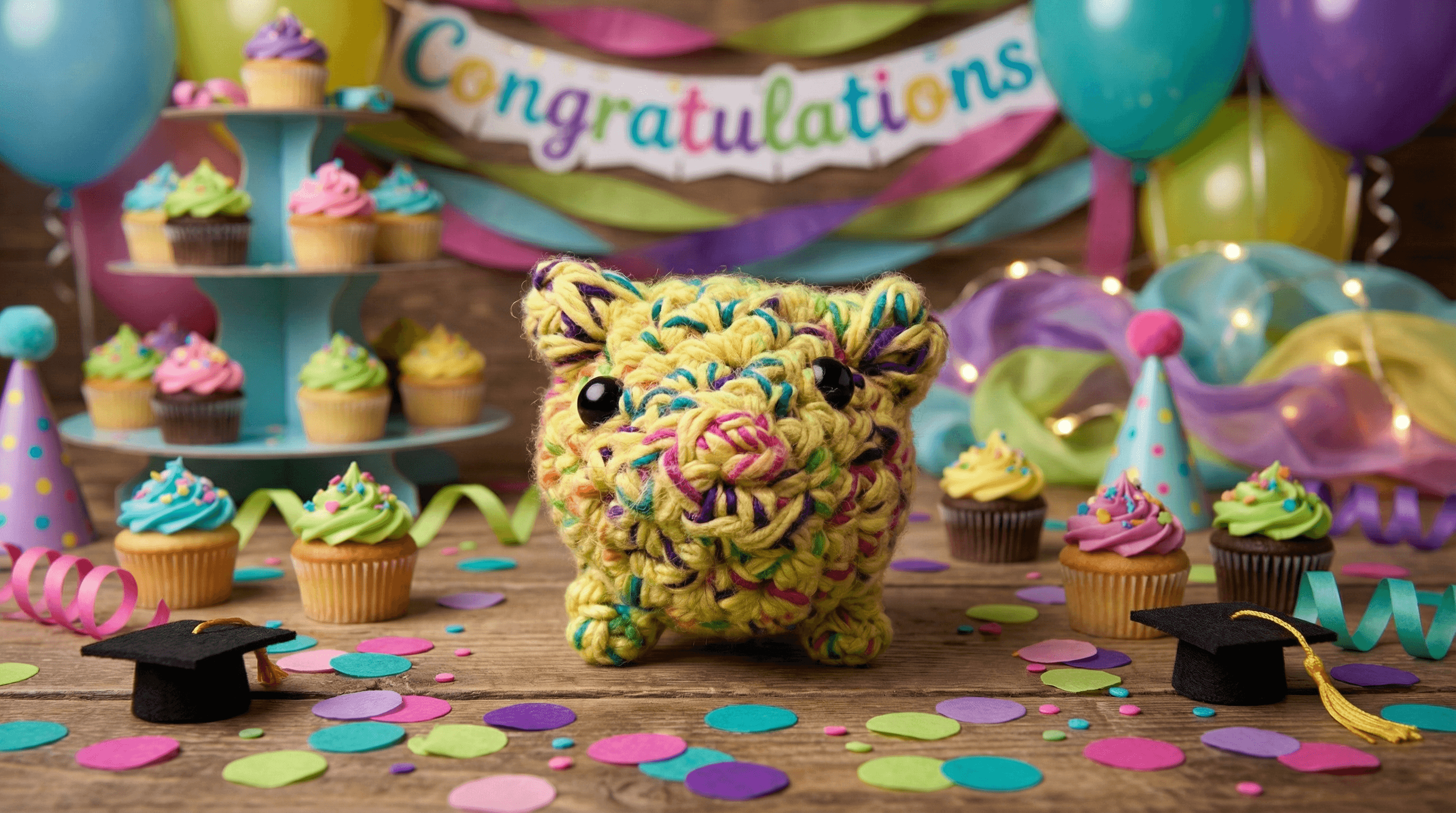 Yellow crocheted piggy sachet with colorful speckled yarn, round black eyes, positioned among cupcakes, balloons, and graduation caps in a festive party display.