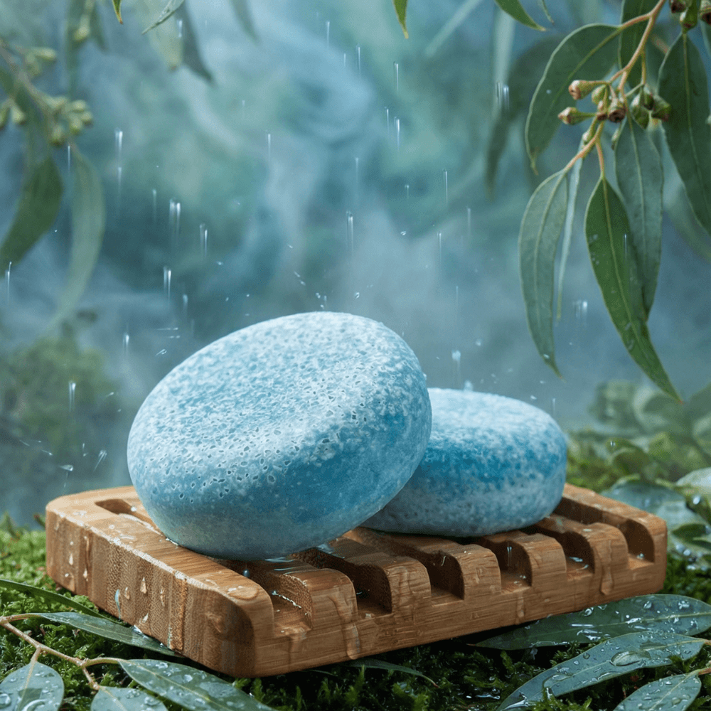 Two light blue speckled oval sea salt scrub bars with textured surfaces rest on a bamboo soap dish. Water droplets fall around them among eucalyptus leaves in a misty outdoor setting.