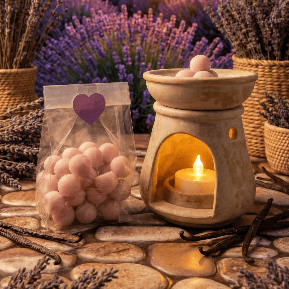 Clear bag with purple heart sticker filled with pale pink sphere-shaped wax melts, displayed beside a lit ceramic oil warmer surrounded by lavender sprigs, vanilla pods, and woven baskets.