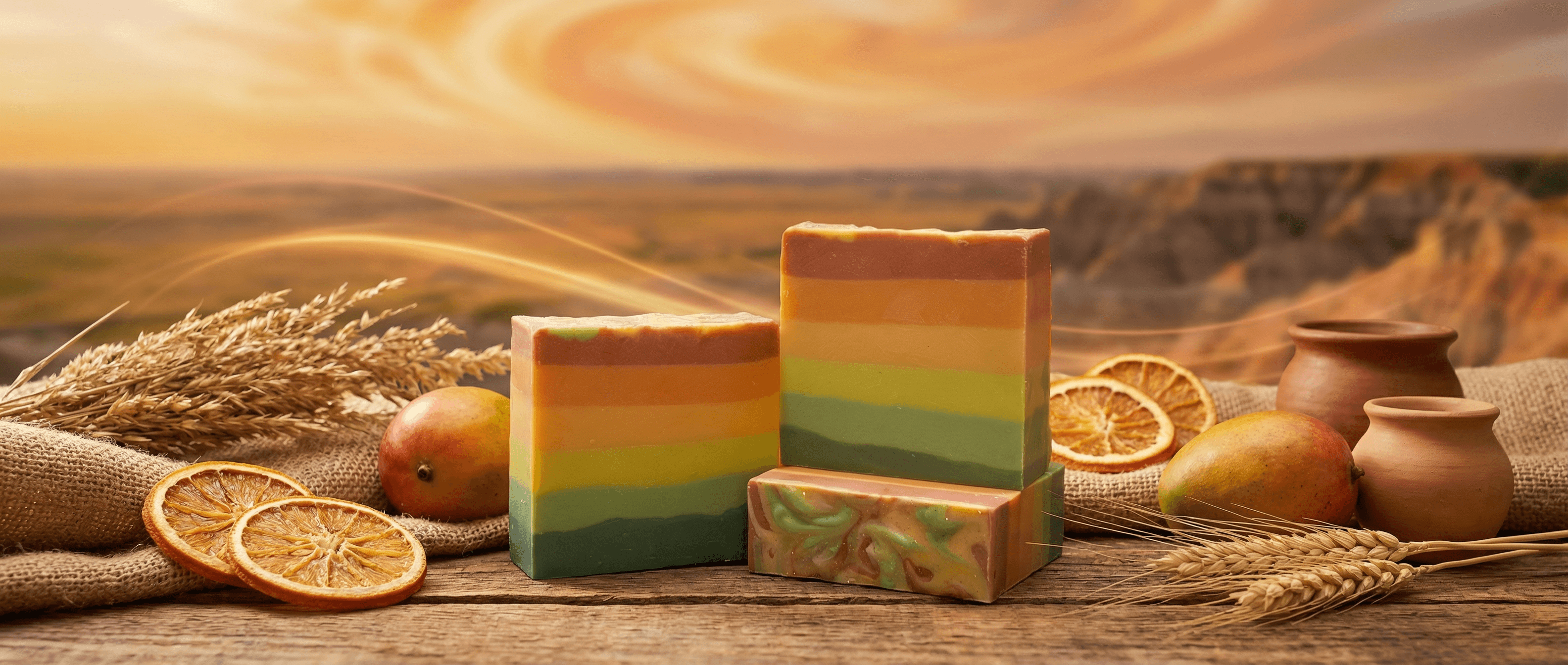 Three bars of handcrafted soap with ombré gradient layers transitioning from deep green through yellow-green to peachy orange, displayed on rustic wood with dried orange slices, wheat stalks, mango, and clay pottery in a sunset landscape setting.