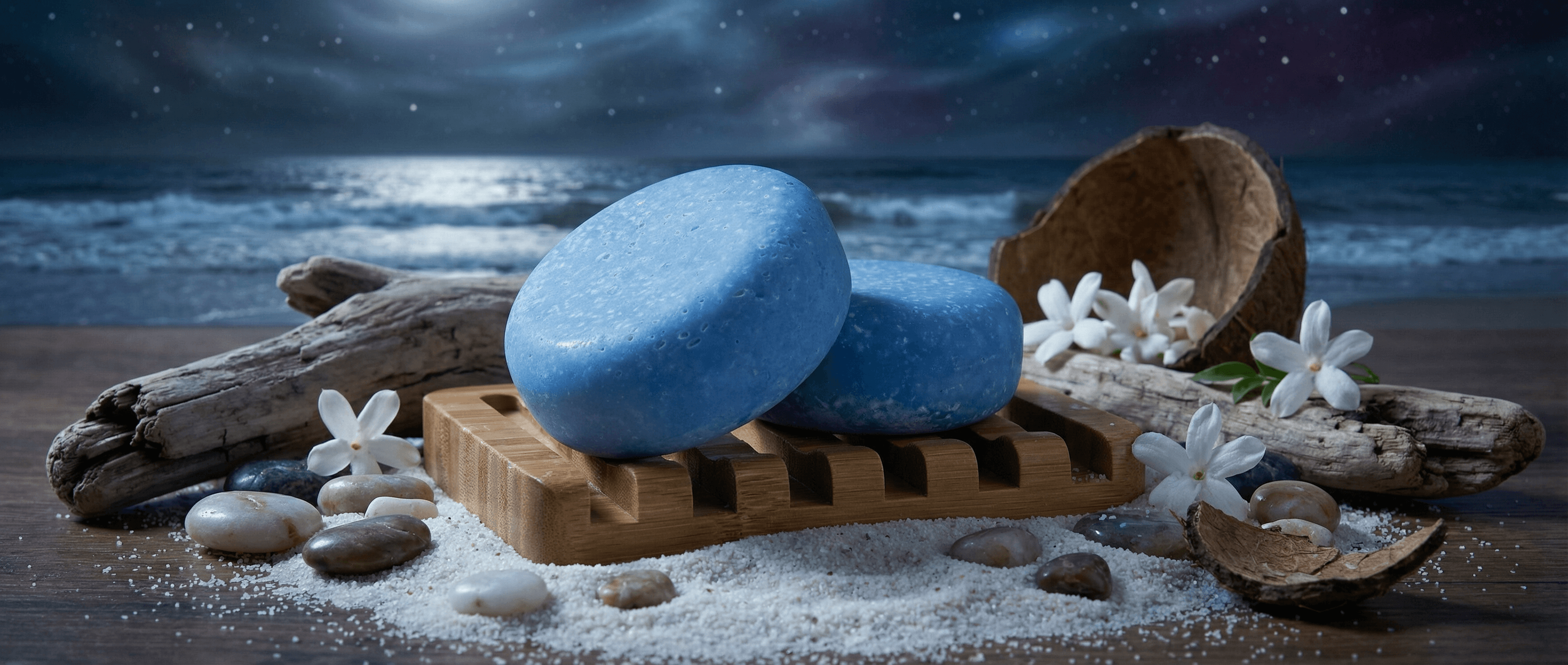Two rounded blue sea salt soap bars rest on a wooden soap dish, surrounded by white flowers, driftwood, coconut shells, and smooth stones against an ocean backdrop.
