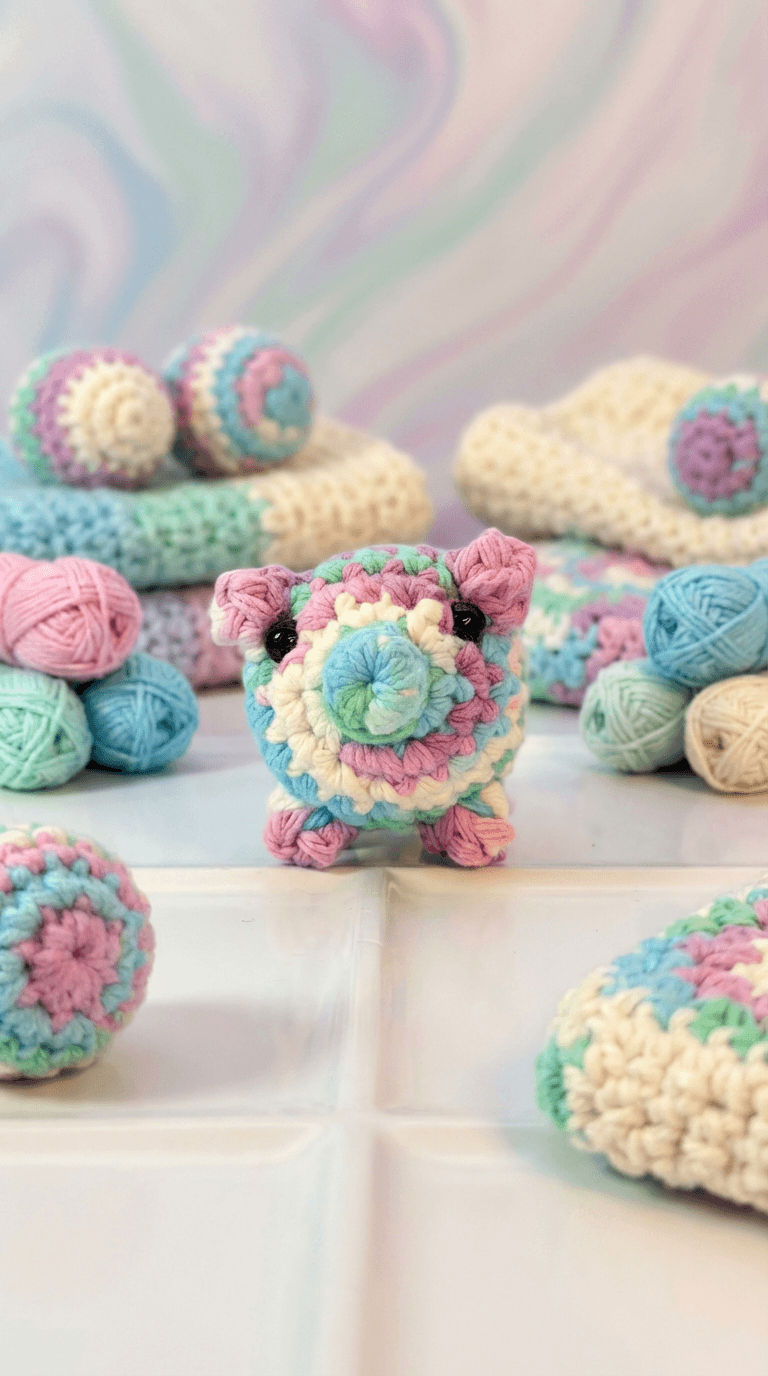 Pastel crocheted guinea pig sachet in rainbow stripes of pink, yellow, mint, and blue with black bead eyes, surrounded by colorful yarn balls and additional crocheted sachets.