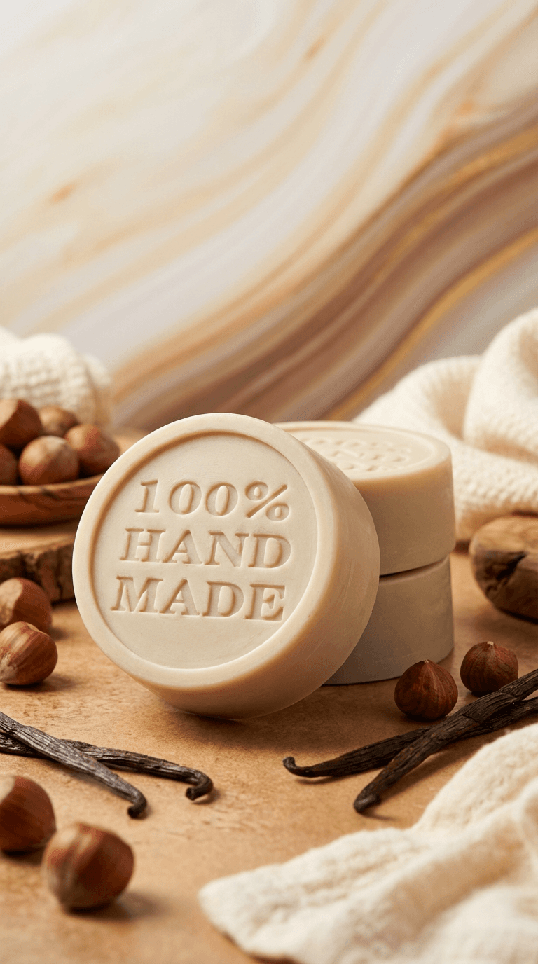 Cream-colored solid lotion bars with embossed '100% HAND MADE' text, displayed with vanilla beans, hazelnuts, and natural fabric on warm wood surface.
