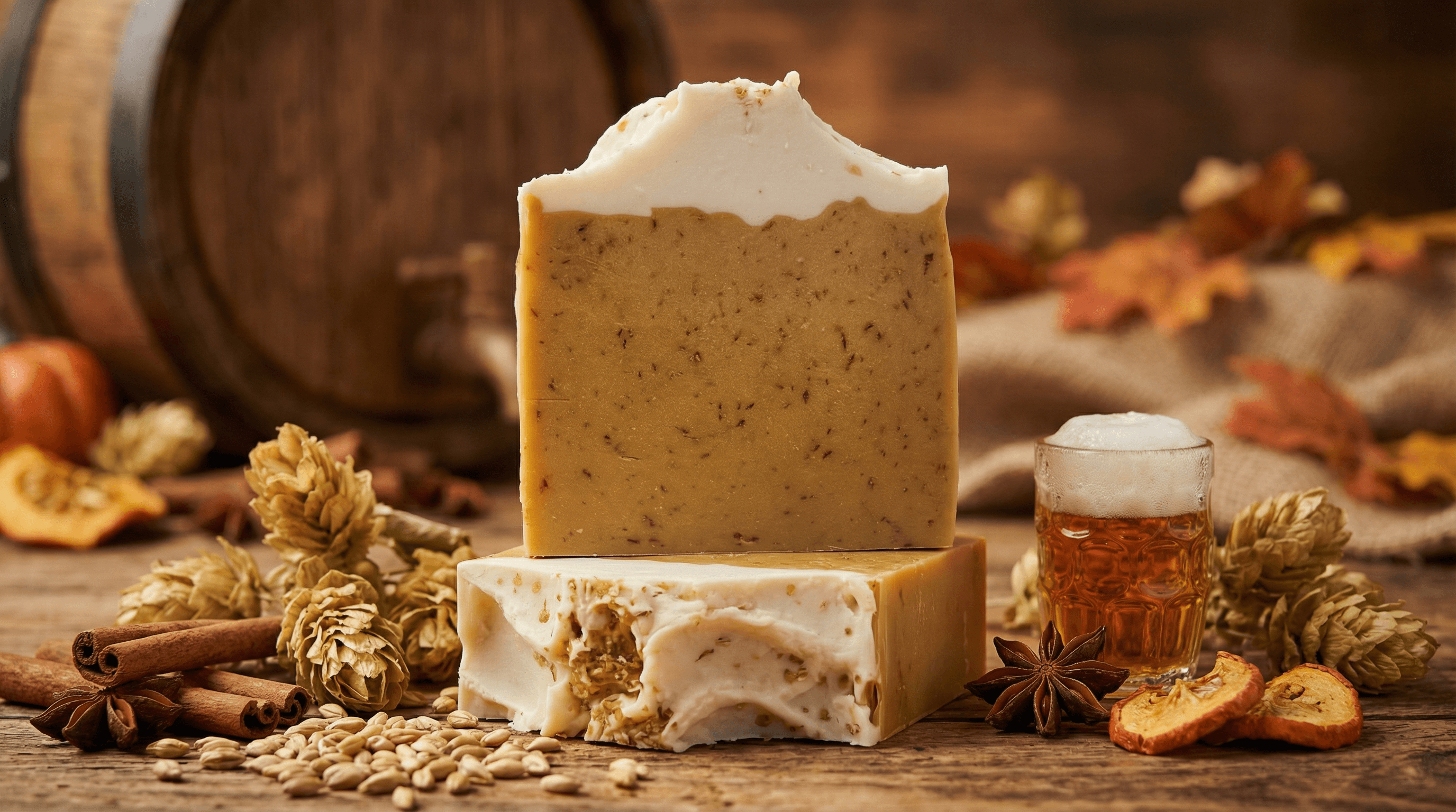 Two bars of amber-brown speckled soap with white frosted tops stacked on wood, surrounded by hops, cinnamon sticks, star anise, dried apple slices, and a miniature beer mug.