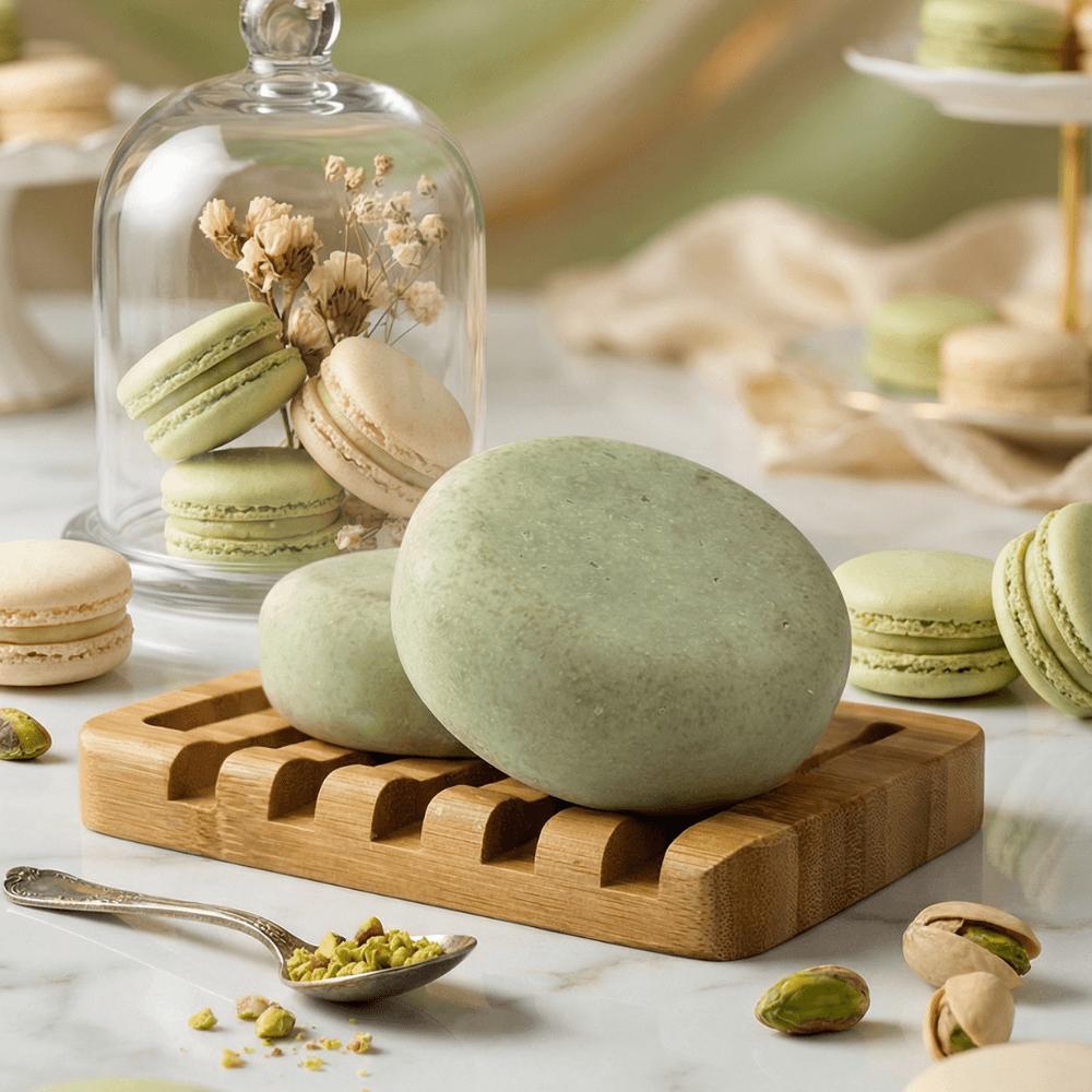Smooth oval green pistachio-colored sea salt scrub bar on wooden soap dish, surrounded by pistachio macarons, dried flowers under glass cloche, and shelled pistachios on marble surface.