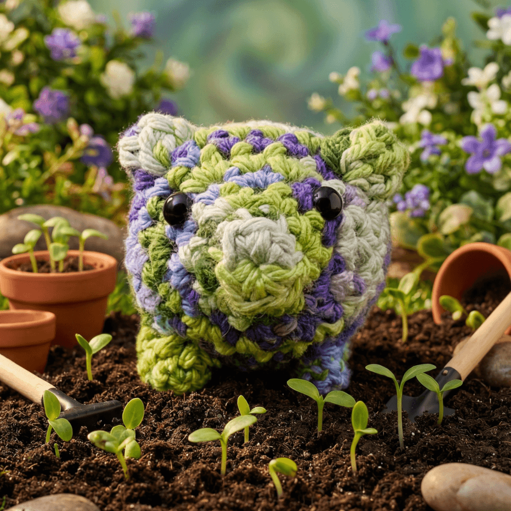 Hand-crocheted pig-shaped sachet in variegated purple, green, and cream yarn with black bead eyes, photographed sitting in garden soil among seedlings and terracotta pots.