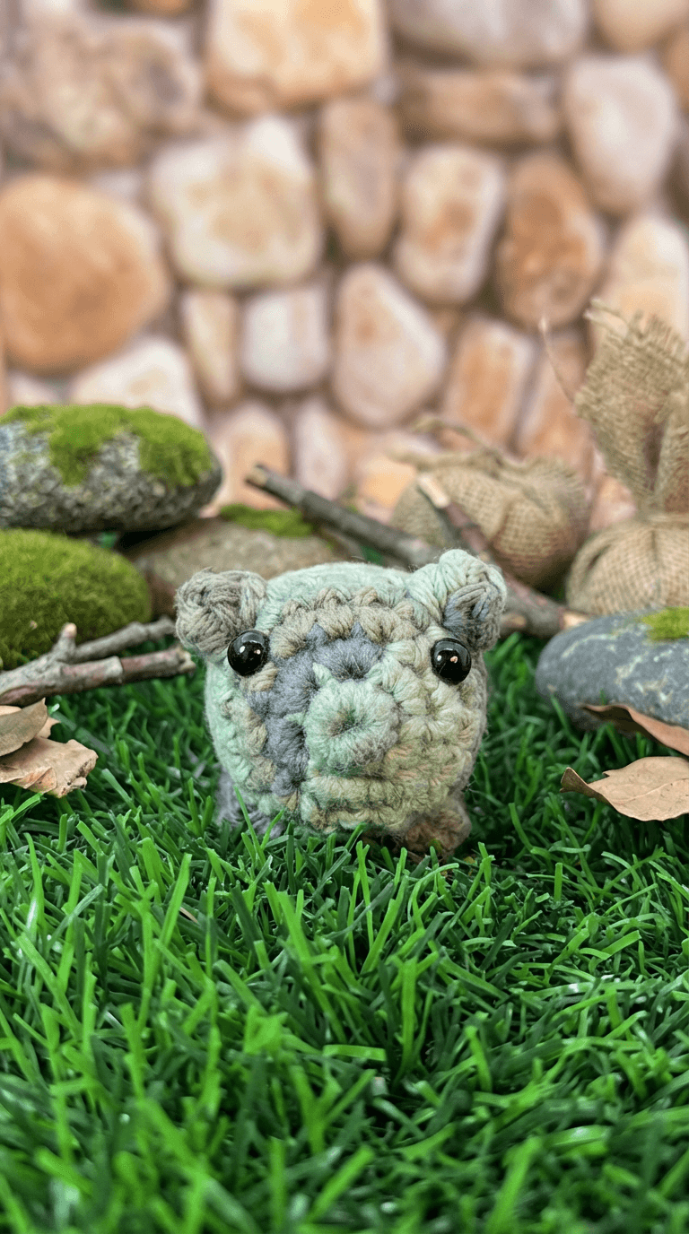 Small crocheted pig in muted green tones with black bead eyes, sitting on artificial grass with moss-covered stones, twigs, and burlap sack in natural woodland setting.