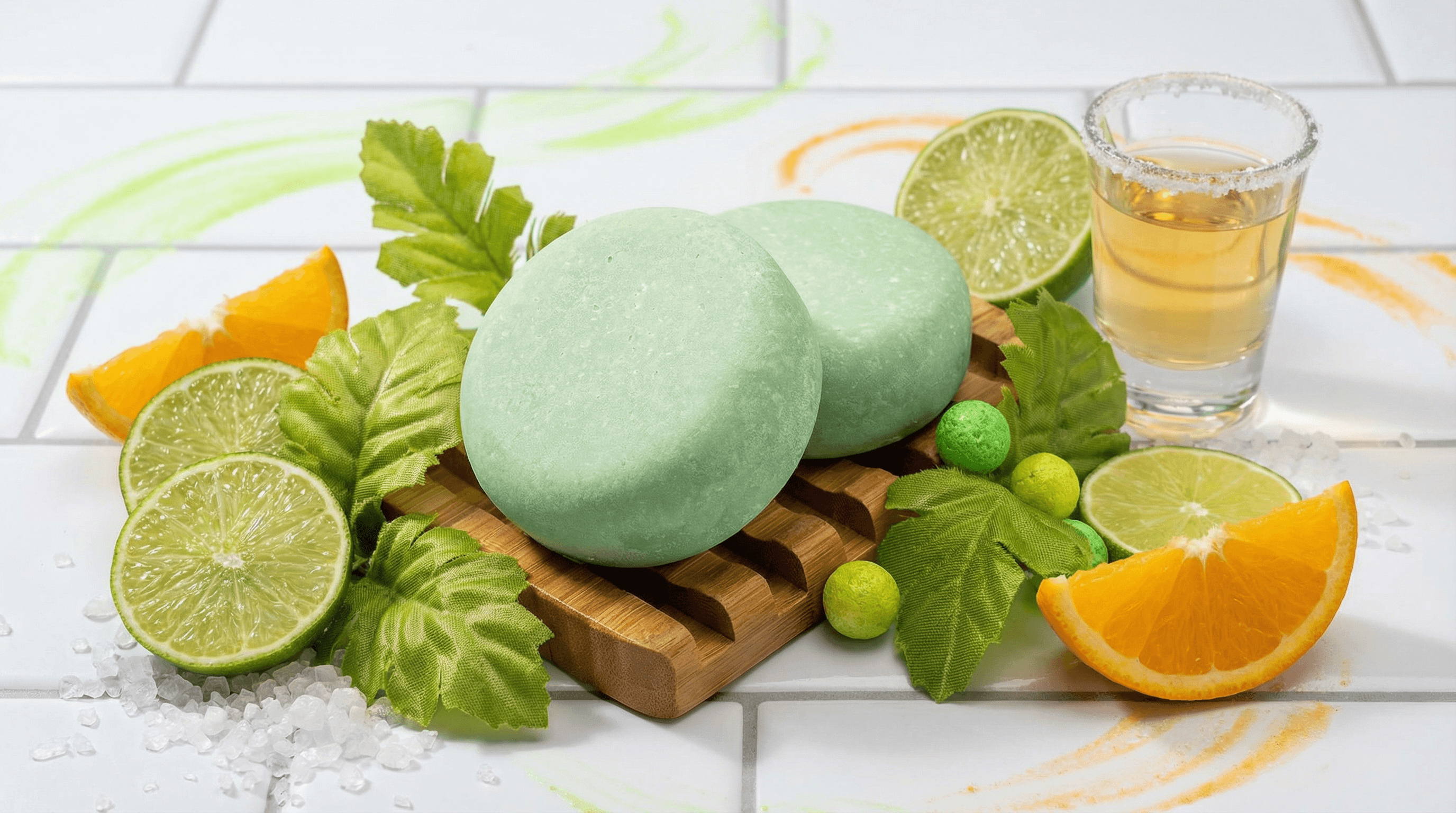 Two pale green round soap bars on a wooden board, surrounded by fresh lime slices, orange wedges, sea salt crystals, green leaves, and a shot glass with salted rim.