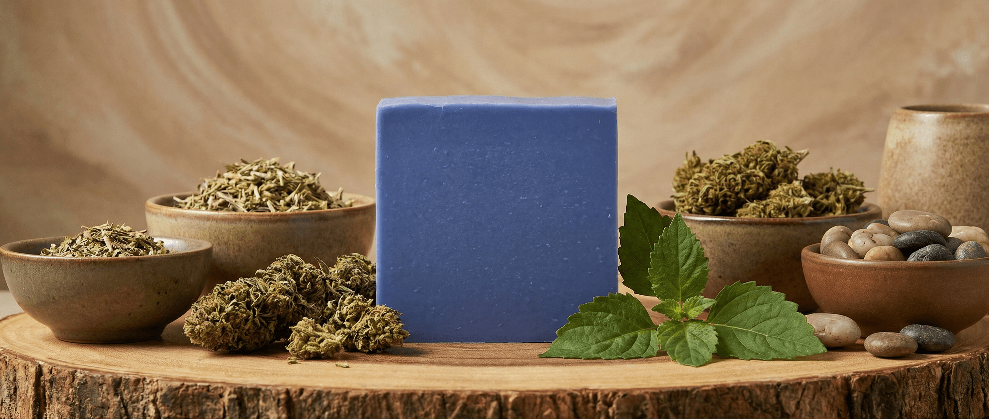Deep indigo blue rectangular soap bar displayed on wood slice with bowls of dried hemp flower, cannabis buds, green leaves, and smooth stones arranged around it against natural fabric backdrop.