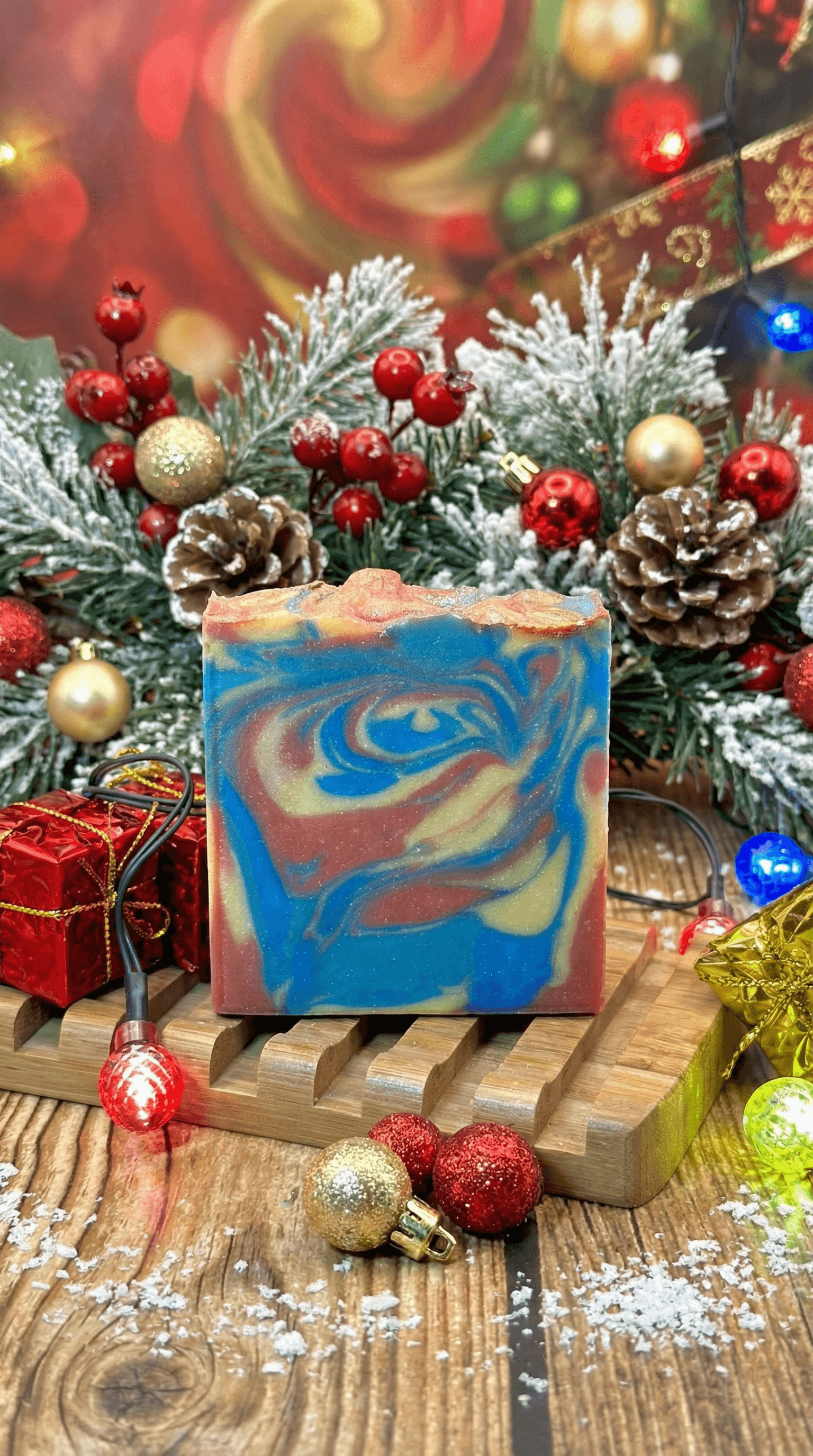 Handcrafted soap bar with vibrant swirled marbling in blue, coral pink, and golden yellow tones, displayed on a wooden soap dish surrounded by festive holiday decorations, frosted pine, and ornaments.