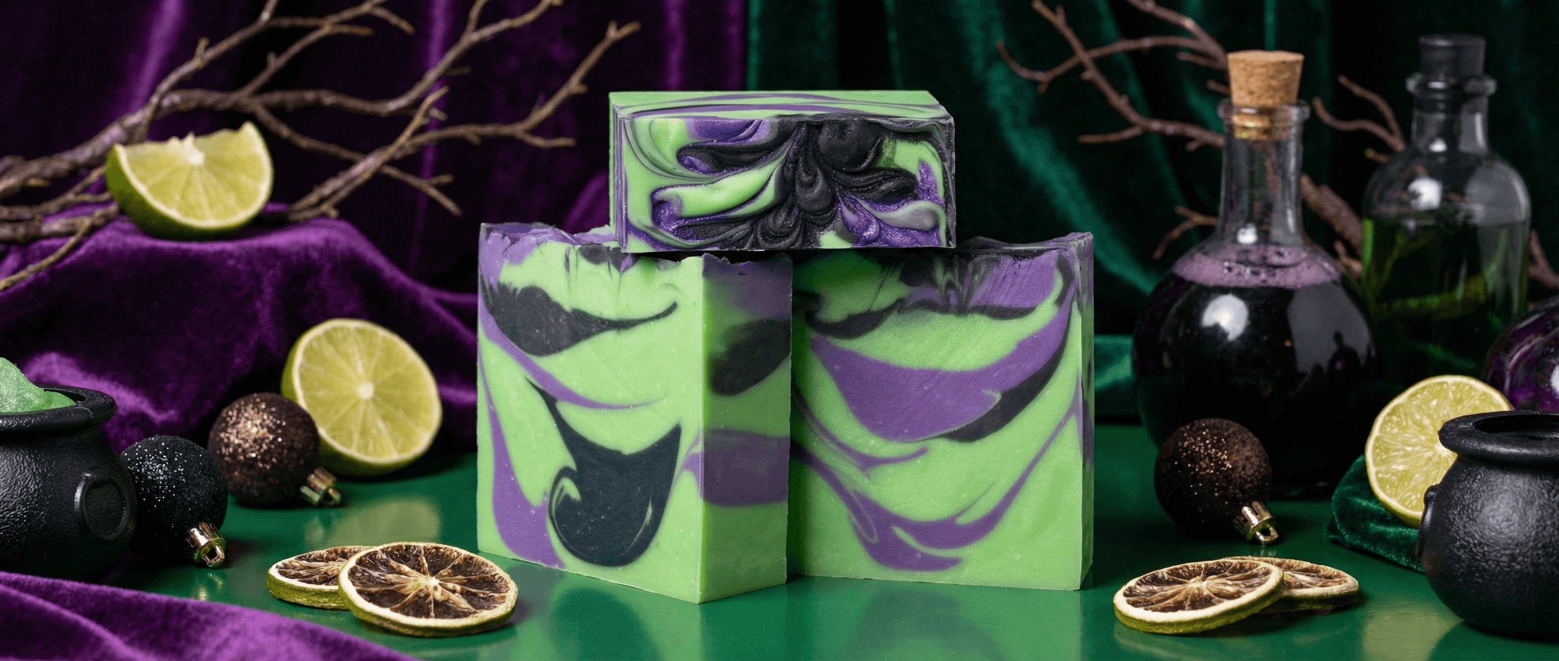 Three bars of handcrafted soap with swirled green, purple, and black marbling. Styled with lime slices, dried citrus, glass bottles, and dark ornaments on purple and green velvet.