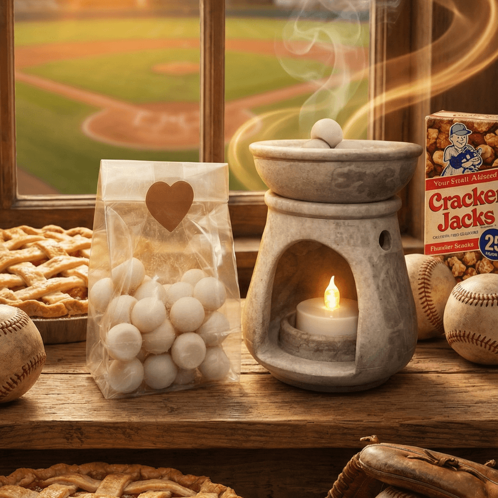 White spherical wax melts in clear bag with heart sticker, displayed with stone warmer and lit candle beside baseball-themed snacks and window view of baseball field.