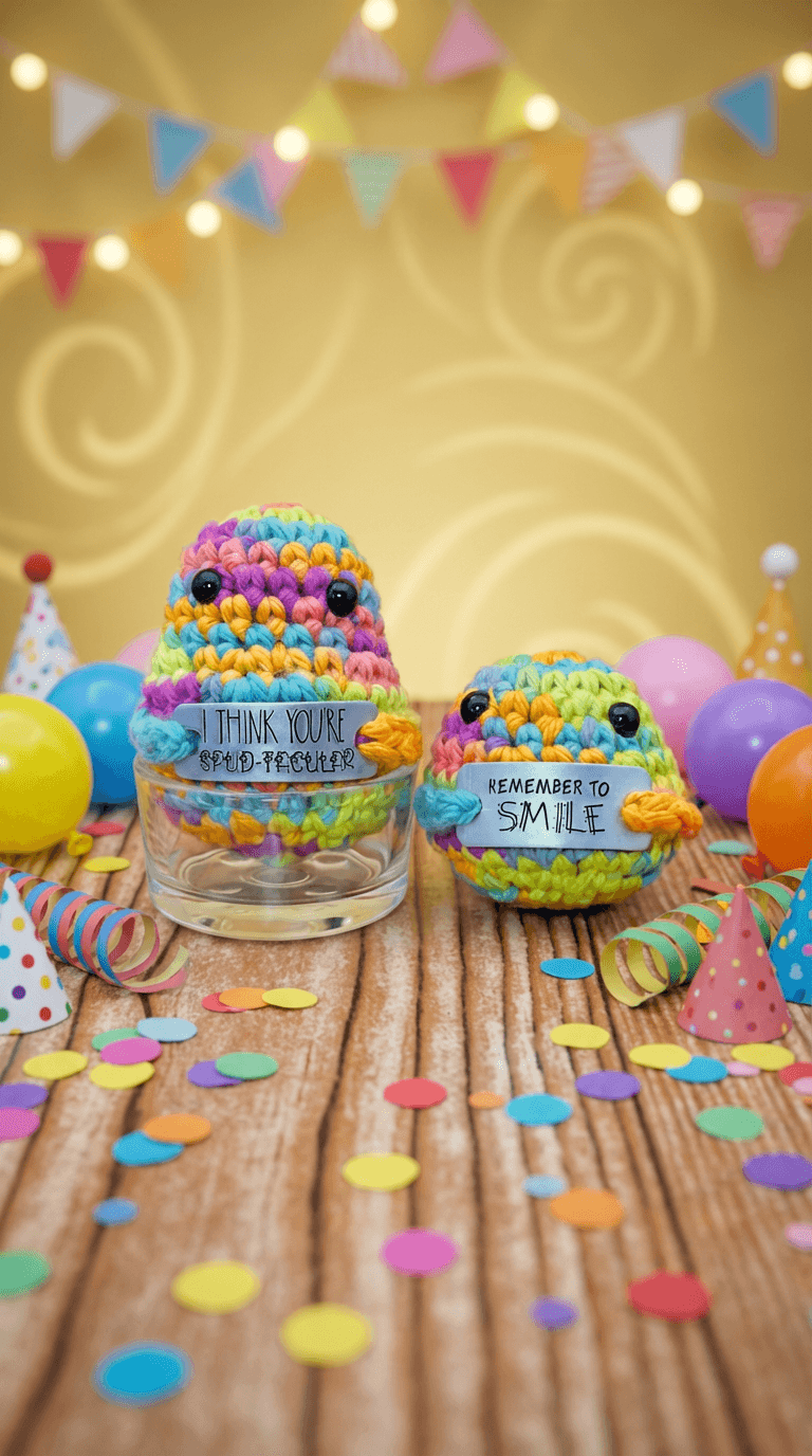 Two rainbow-striped crocheted potato characters with black button eyes and messages reading 'I think you're spud-tacular' and 'Remember to smile', displayed on wood with party decorations.