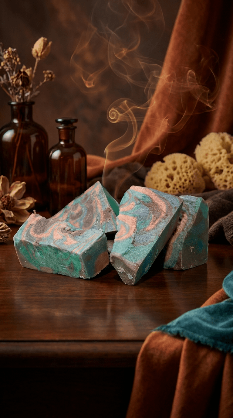 Turquoise and coral swirled handmade soap bars with marbled surface pattern, displayed on wooden surface with amber bottles, dried flowers, and natural sponges in background