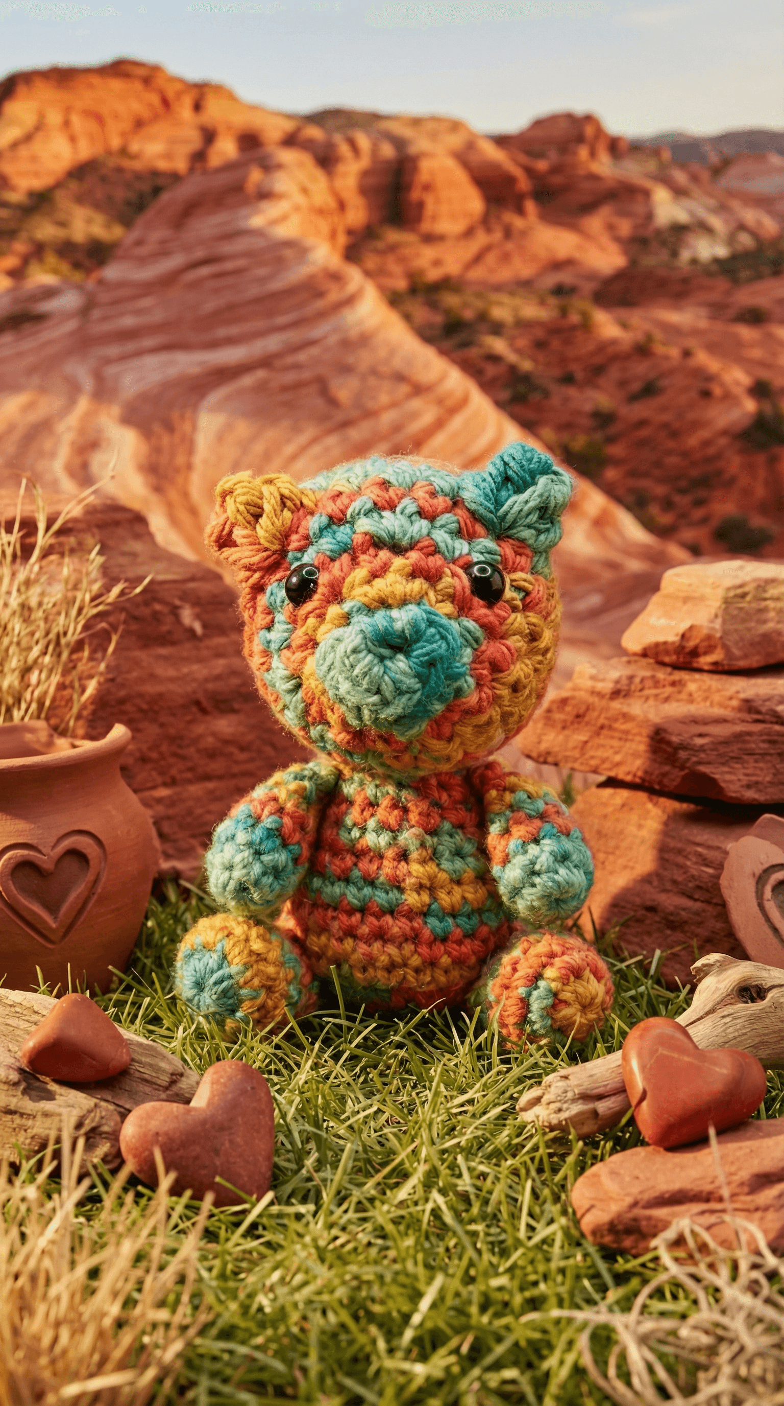 Colorful crocheted alpaca sachet in coral, turquoise, and yellow variegated yarn, displayed on artificial grass with desert rock formations and small heart decorations in background.