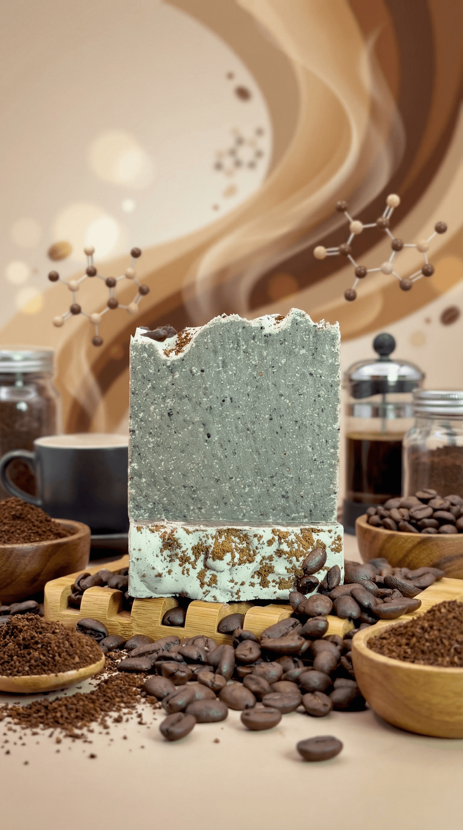 Two-toned bar soap in sage green and pale mint, textured with coffee grounds throughout and on top, displayed on bamboo tray surrounded by scattered coffee beans and ground coffee in wooden bowls.