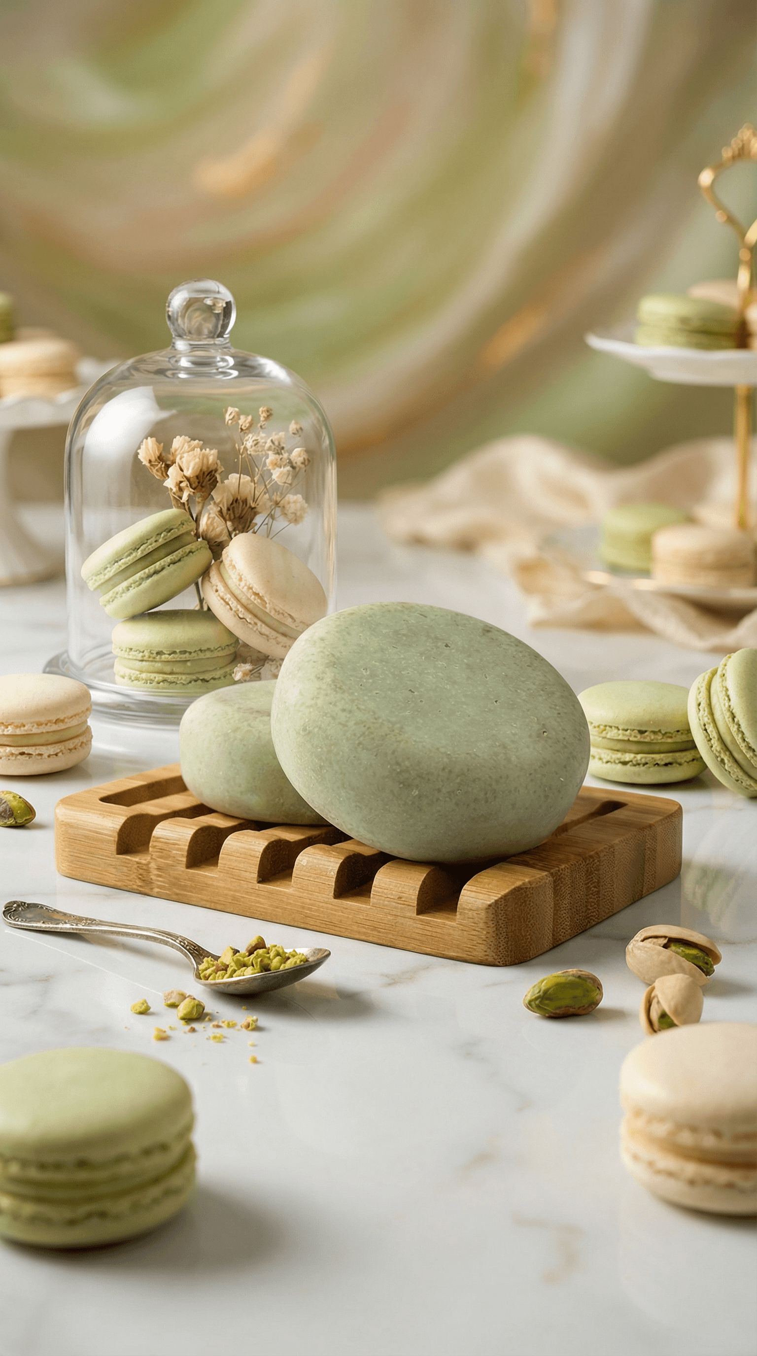 Smooth oval sage-green sea salt soap bar resting on wooden soap dish, surrounded by pistachio macarons, pistachios, and delicate dried flowers under glass cloche in soft natural light.