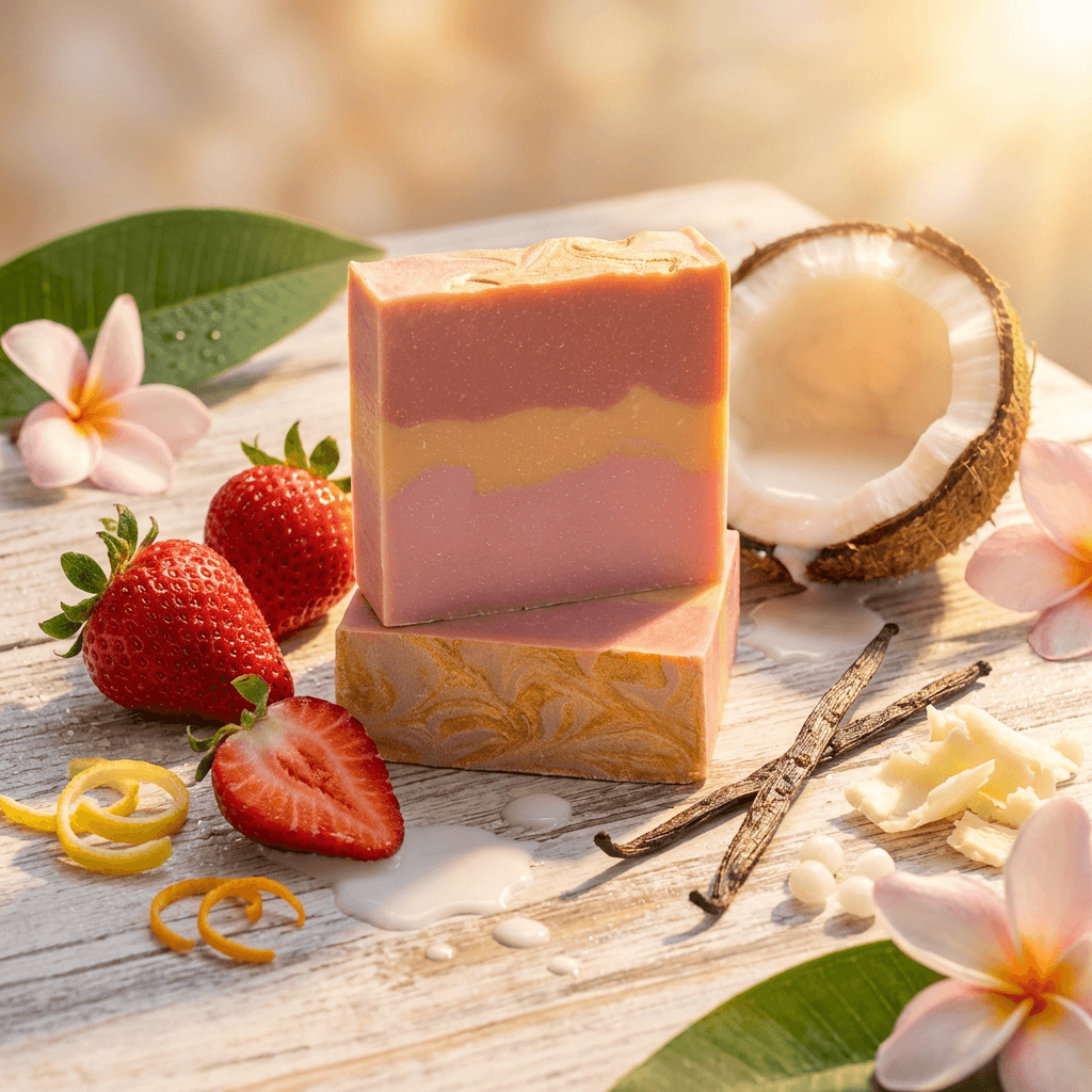 Two stacked handcrafted soap bars with pink, coral, and golden swirled layers and shimmering gold decorative swirls on top, displayed with fresh strawberries, coconut halves, vanilla pods, and tropical flowers on weathered wood.