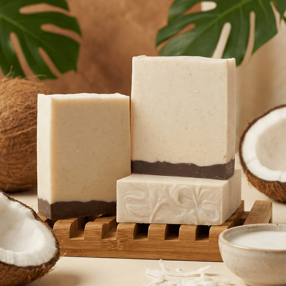 Three bars of cream-colored coconut milk soap with dark brown base layer, embossed with tropical leaf design, displayed on bamboo dish with fresh coconut halves and monstera leaves.